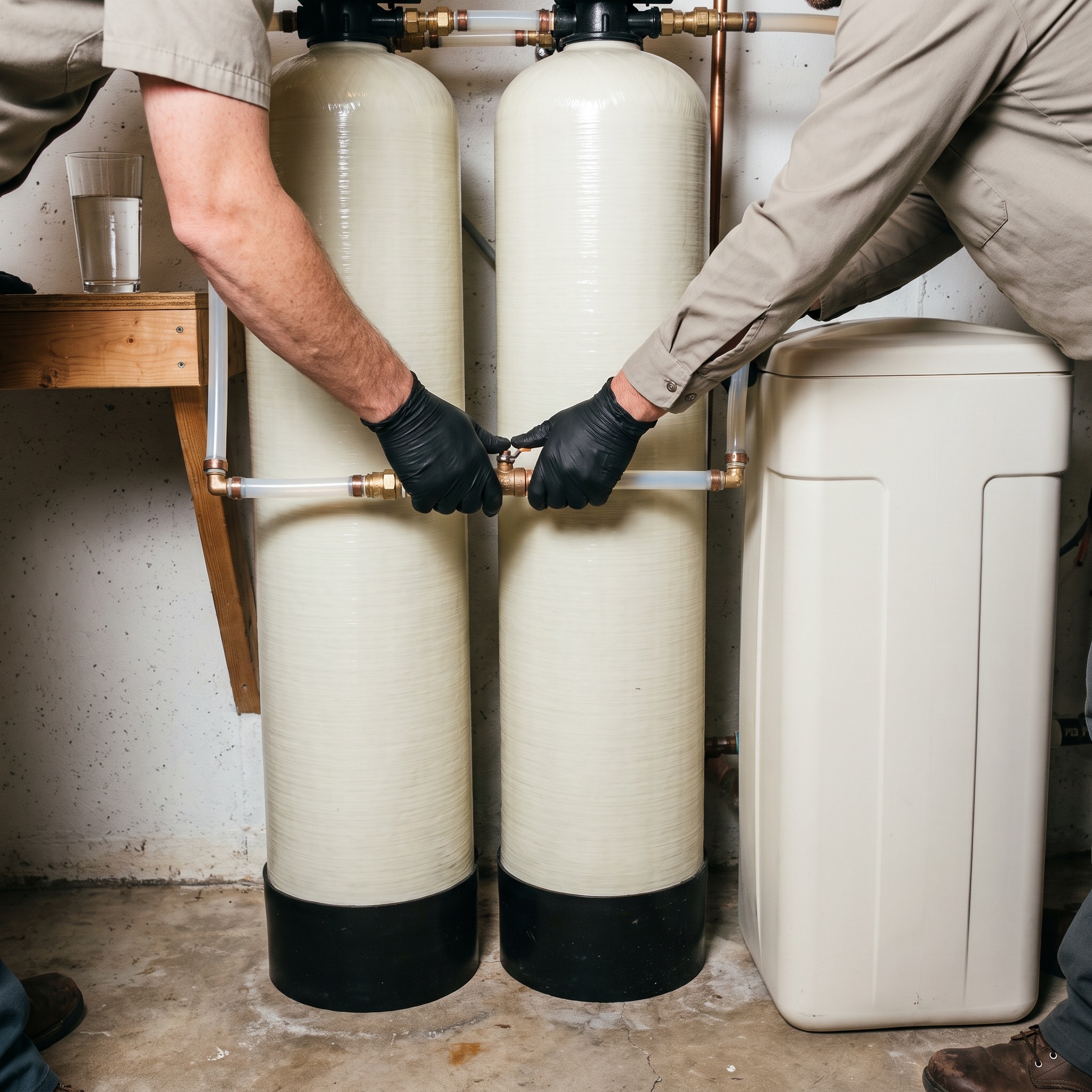Water treatment technician installing a softener system in a Colorado home basement