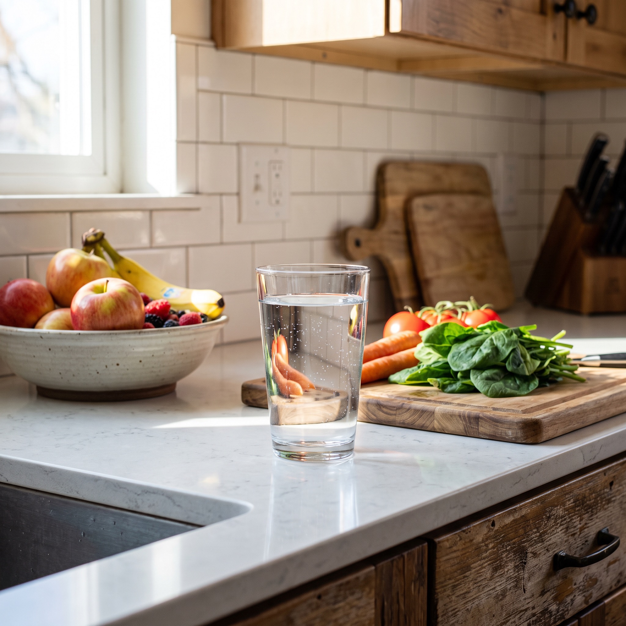Glass of clean water on a kitchen counter with fresh vegetables and fruit