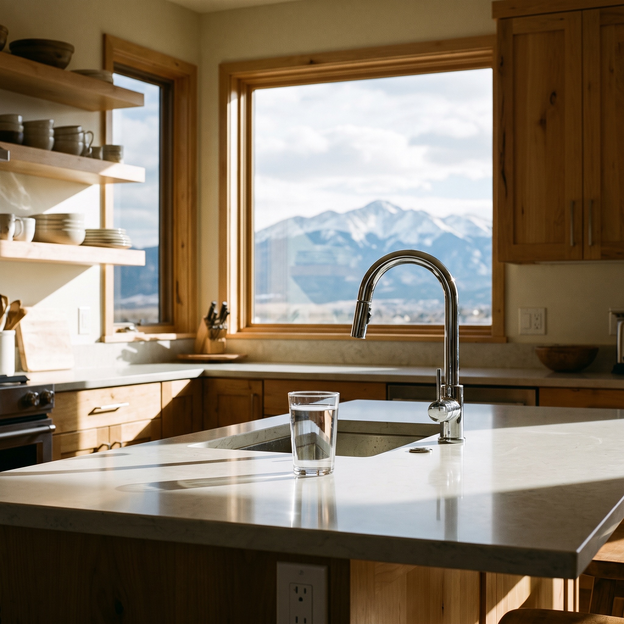 Colorado Water Hardness and Salt-Free Conditioning Bright Colorado kitchen with clear water on the counter and Rocky Mountains through the window