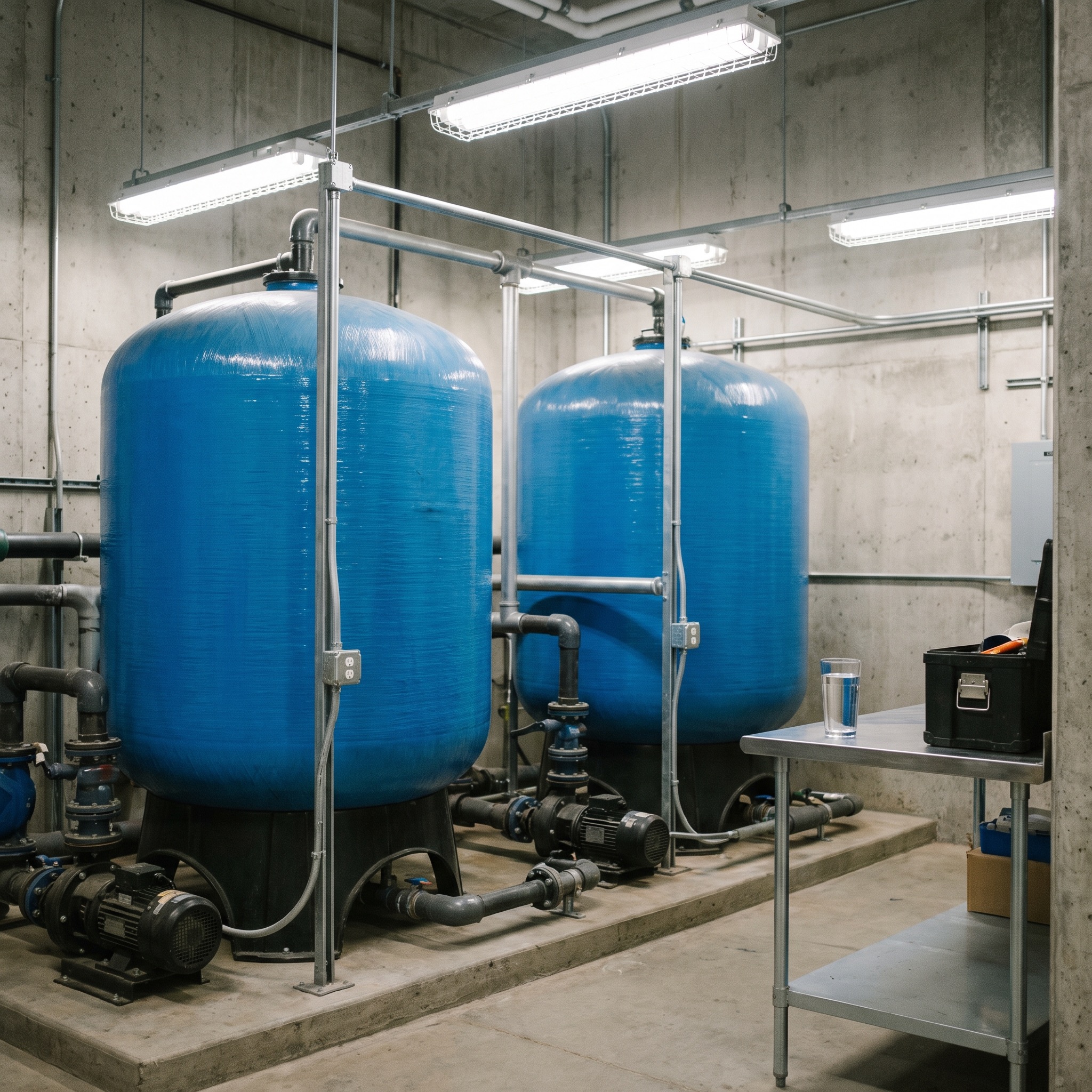 Commercial Carbon Filtration in Colorado Commercial activated carbon filtration system with large blue filter tanks in a Colorado business