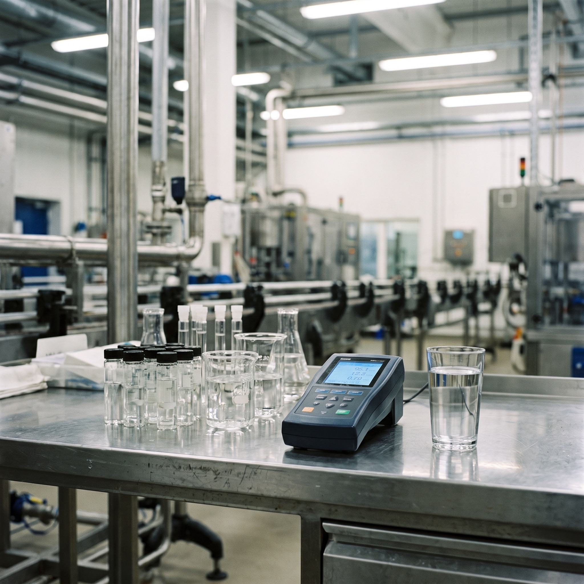 Commercial Water Purification for Manufacturing in Colorado Water quality testing station with test vials and a digital meter in a Colorado manufacturing facility