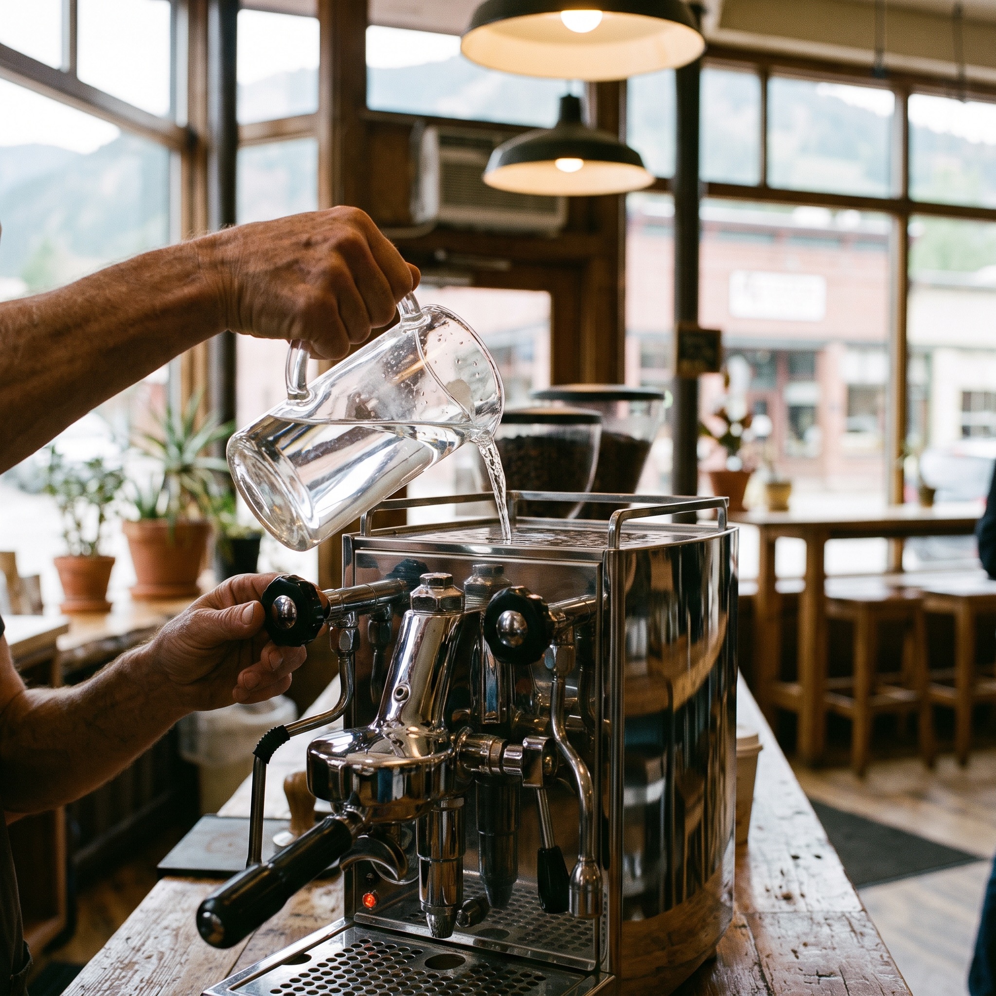 Commercial Water Purification for Restaurants in Colorado Barista pouring clear water into an espresso machine at a Colorado coffee shop