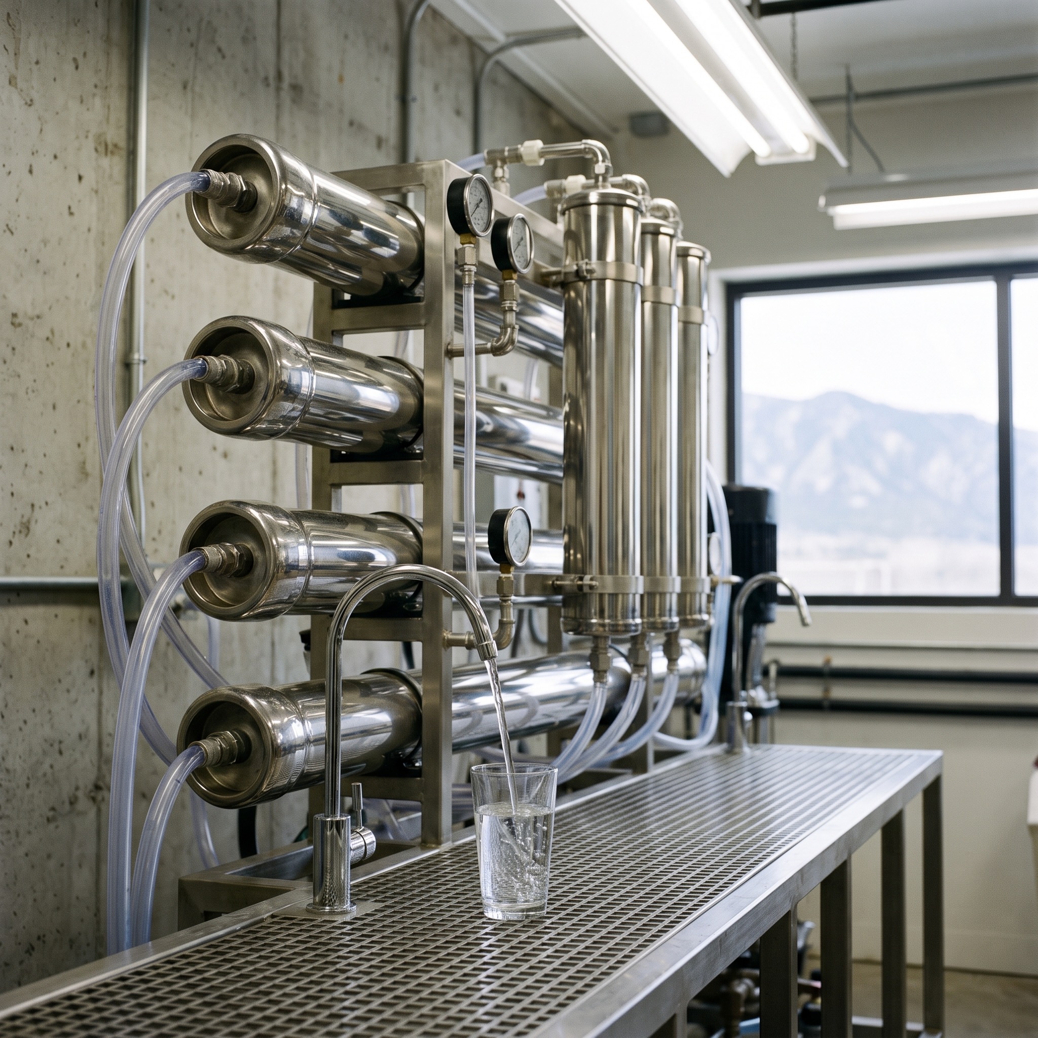 Commercial RO Systems in Colorado Commercial reverse osmosis system with stainless steel membrane housings and pressure gauges in a Colorado business