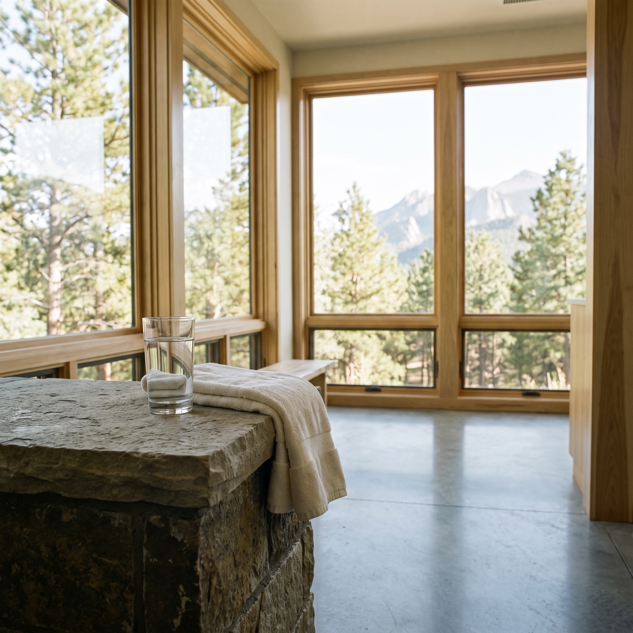 Commercial Water Purification for Spas in Colorado Glass of crystal clear water on a stone counter in a modern spa wellness center