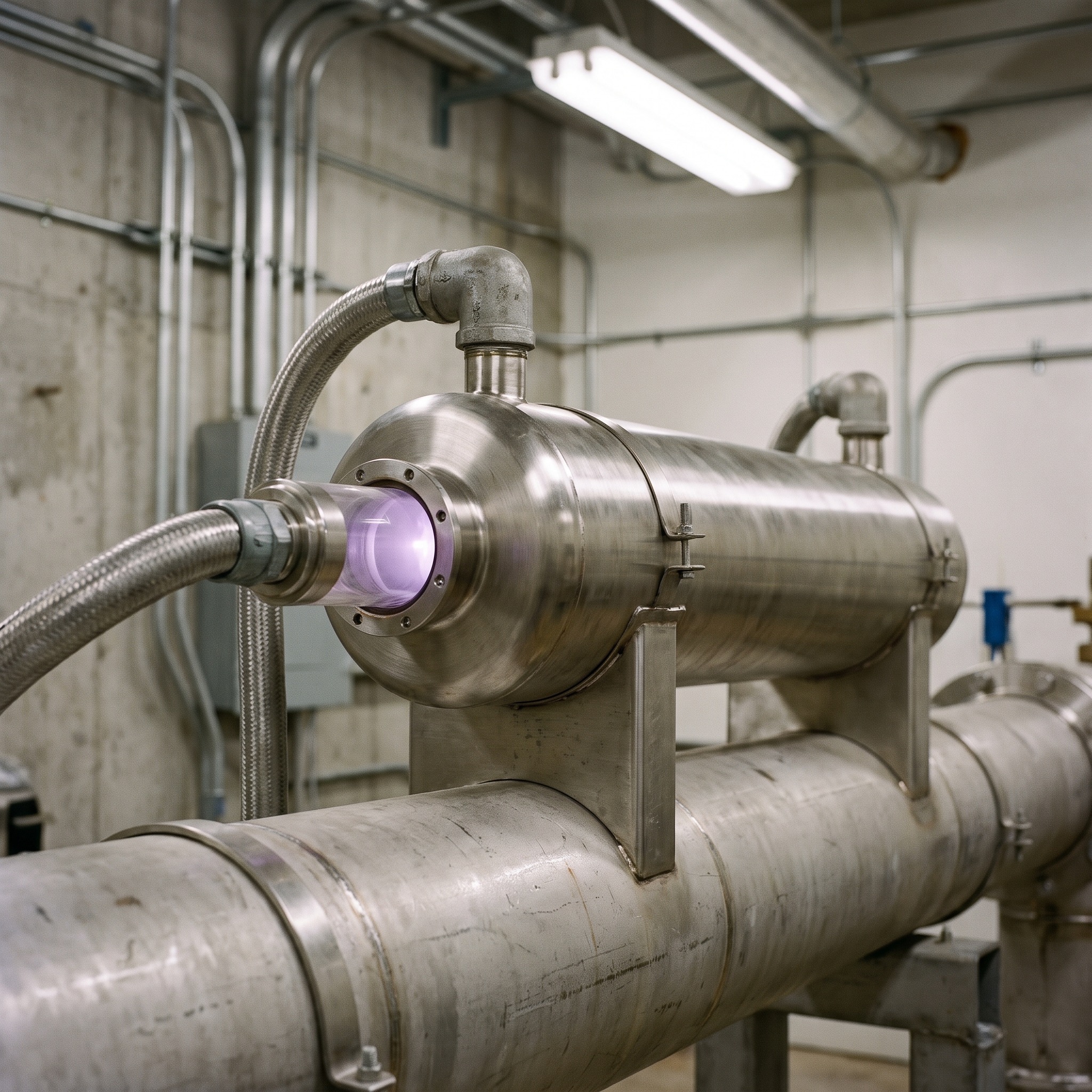 Commercial UV Disinfection Systems in Colorado Commercial UV water disinfection system with stainless steel chamber installed in a Colorado facility