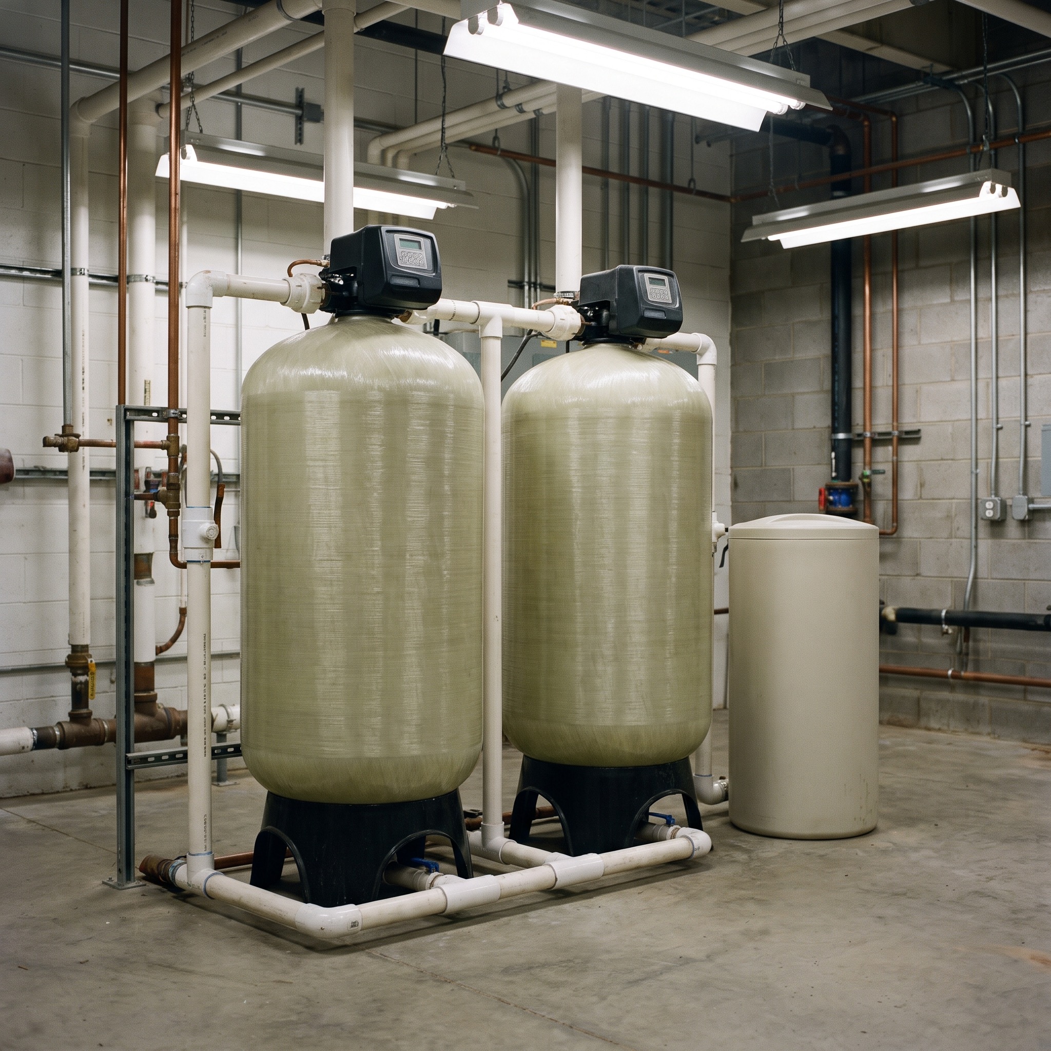 Dual-Tank Commercial Water Softener in Colorado Dual-tank commercial water softener with two resin tanks side by side in a Colorado business