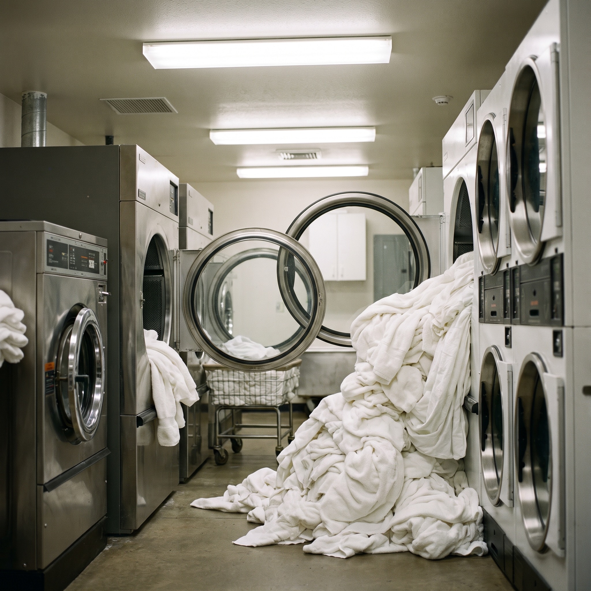 Commercial Water Softeners for Laundry in Colorado Commercial hotel laundry room with large washing machines and bright clean linens