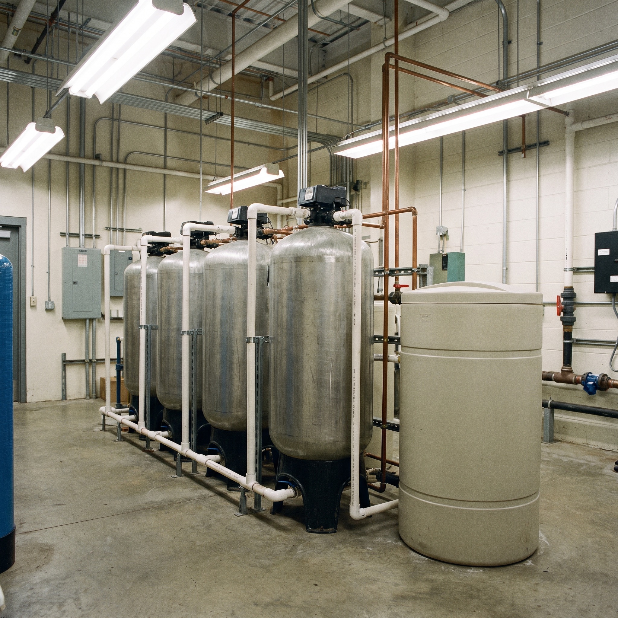 Multi-Tank Commercial Water Softener in Colorado Multi-tank commercial water softener system with multiple resin tanks in a large Colorado facility