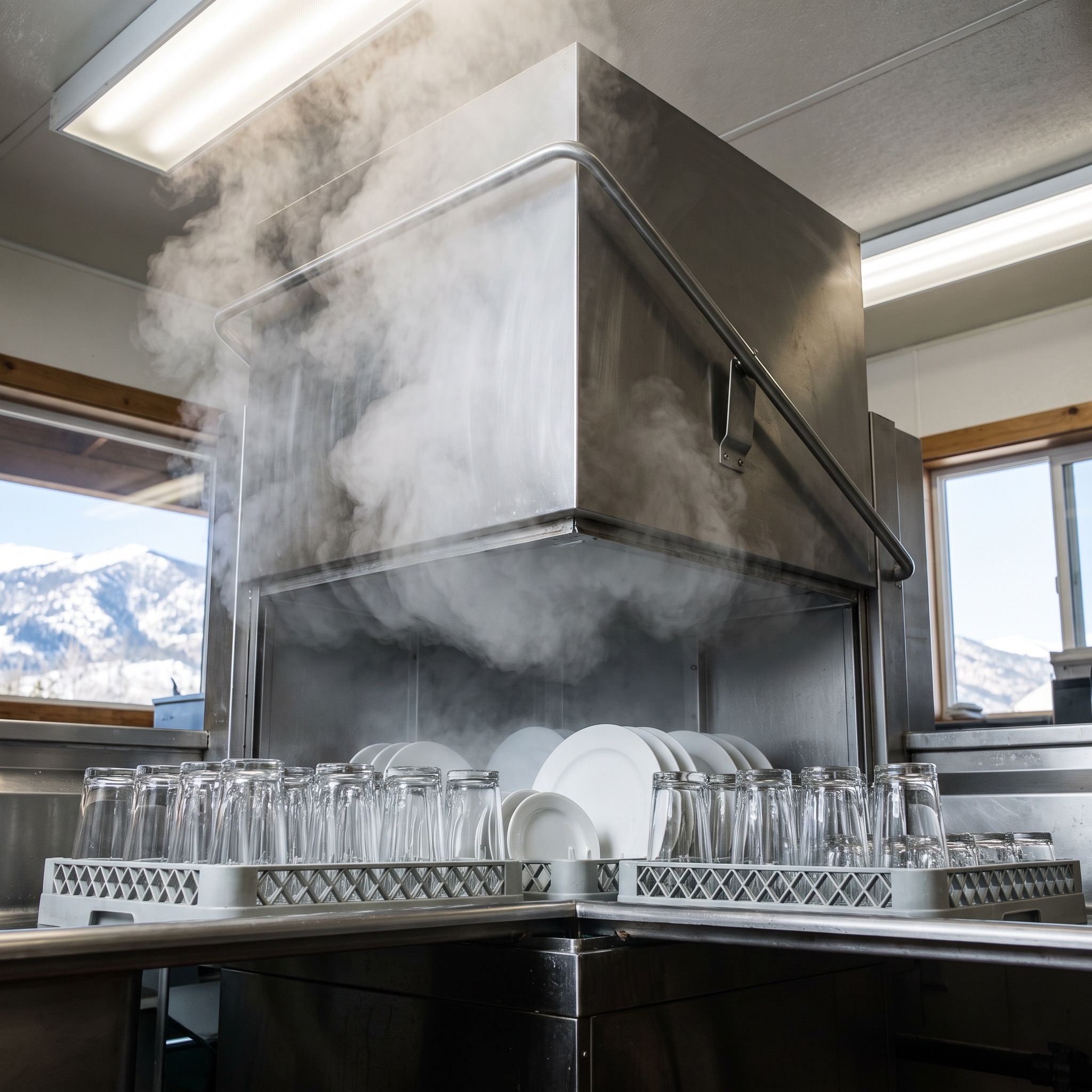Commercial Water Softeners for Restaurants in Colorado Commercial dishwasher open with racks of spotless clear water glasses — no water spots or film