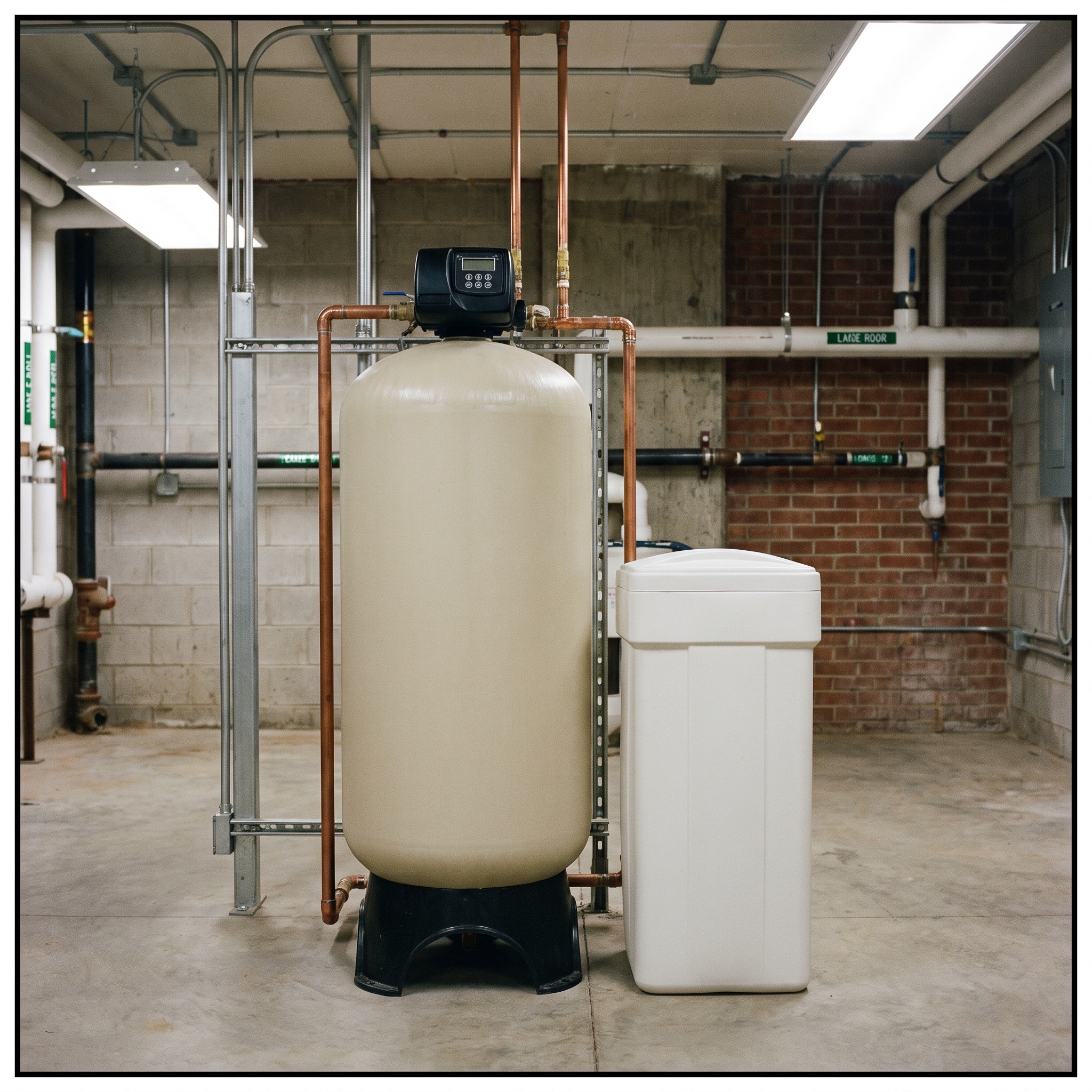 Single-Tank Commercial Water Softener in Colorado Single commercial water softener resin tank with brine tank in a Colorado mechanical room