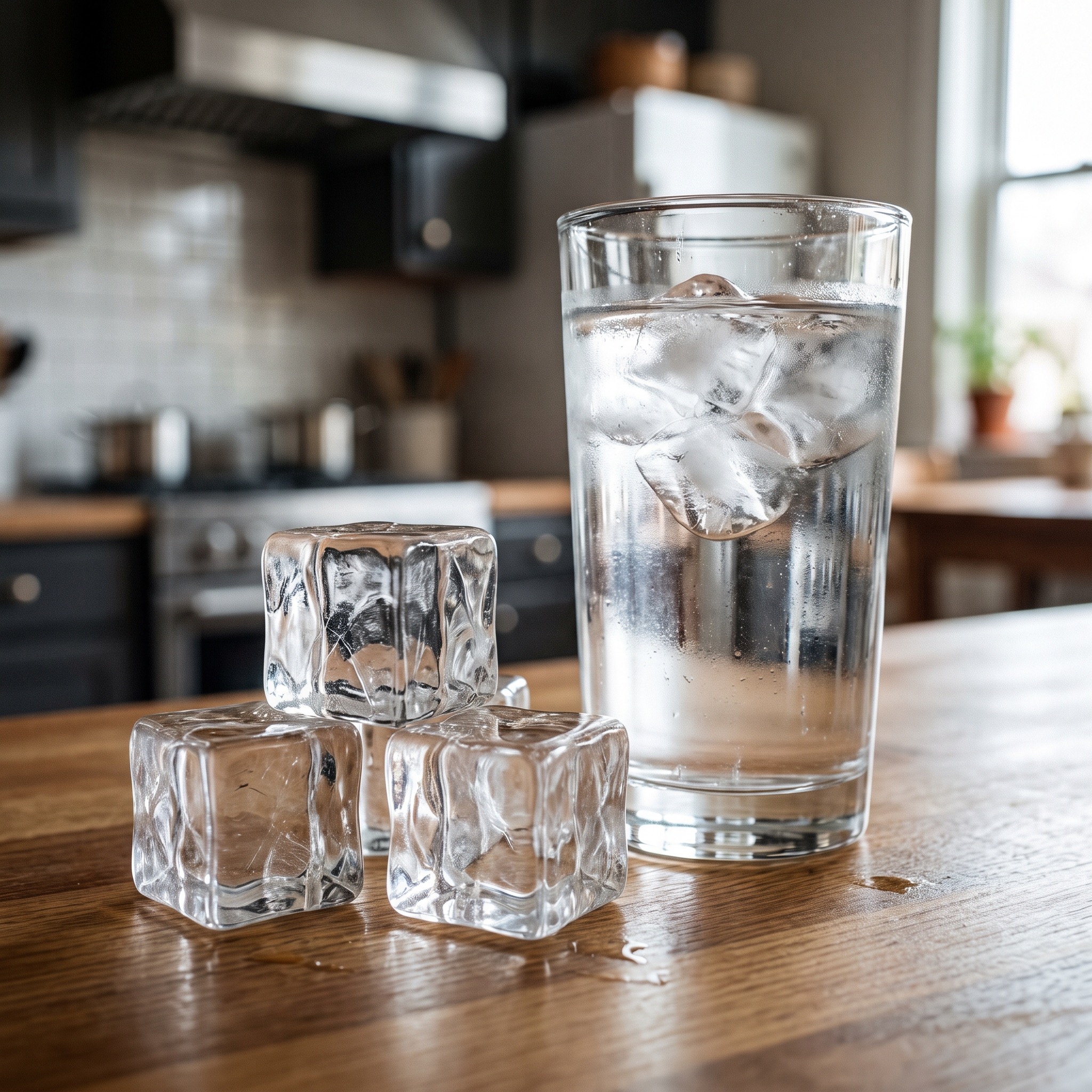 Commercial Water Purification Results in Colorado Crystal clear ice cubes and a glass of clear water on a restaurant counter