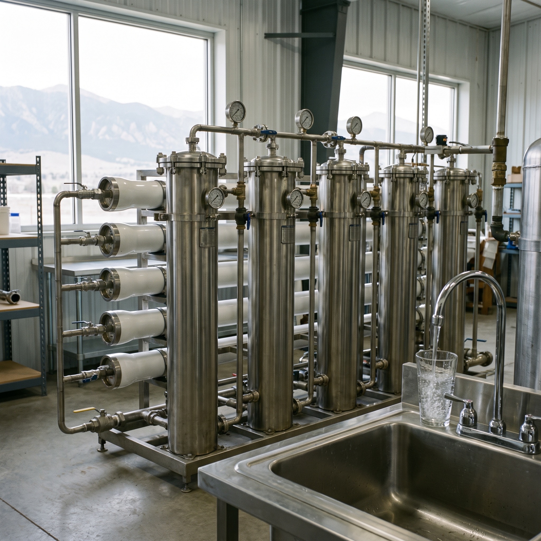 Commercial Water Purification in Colorado Commercial reverse osmosis system with pressure gauges in a Colorado business