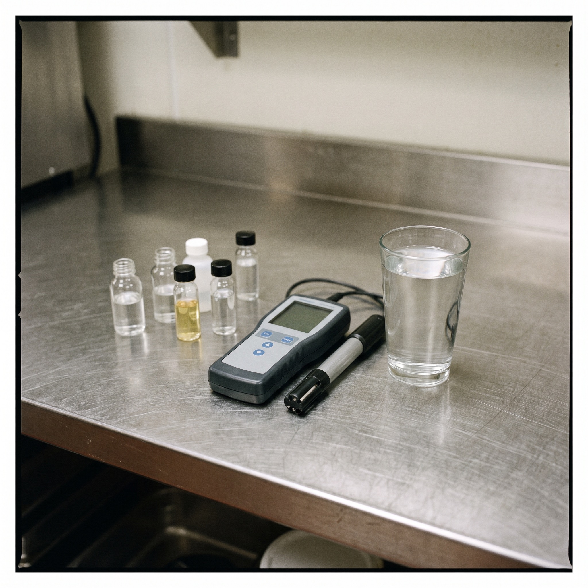 Commercial Water Purification Testing in Colorado Water quality test kit with vials and a digital meter on a commercial kitchen counter