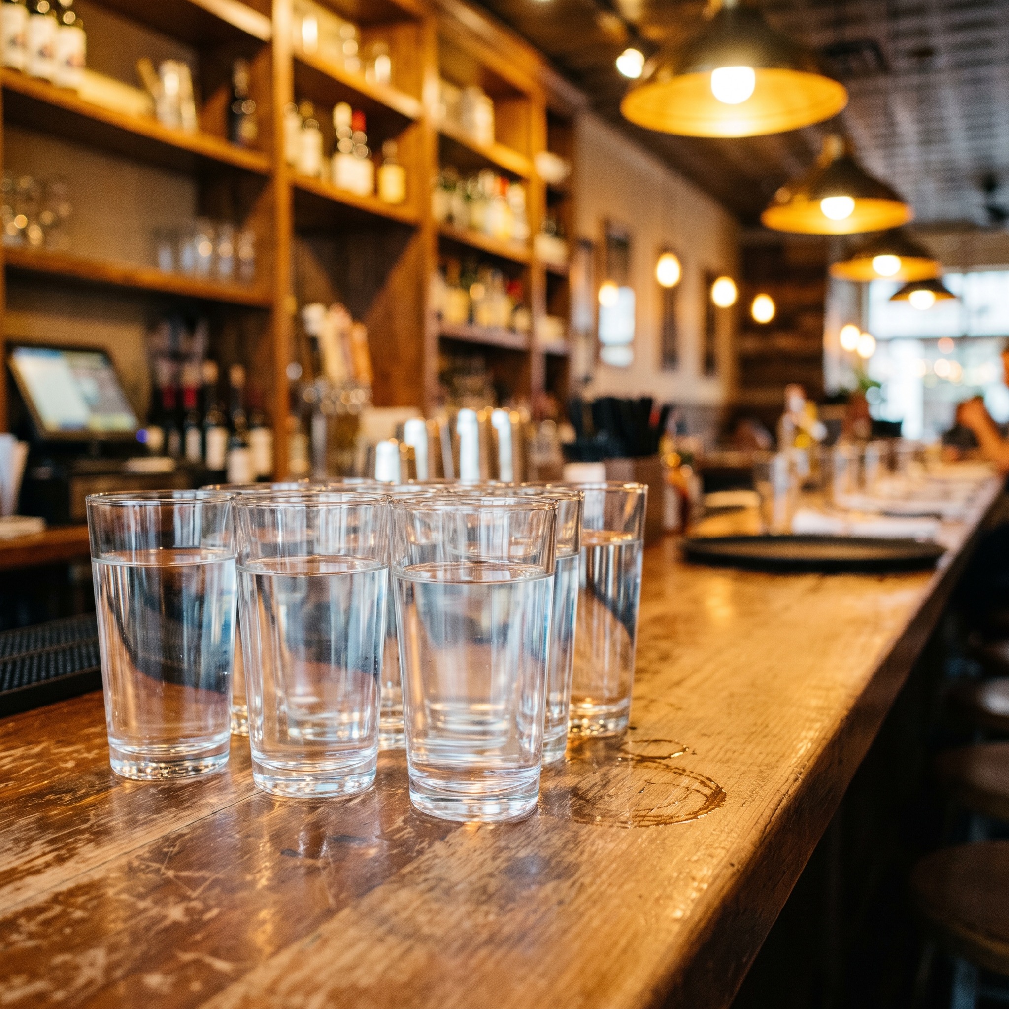 Commercial Water Softener Benefits in Colorado Spotless clear water glasses on a restaurant bar counter — no water spots