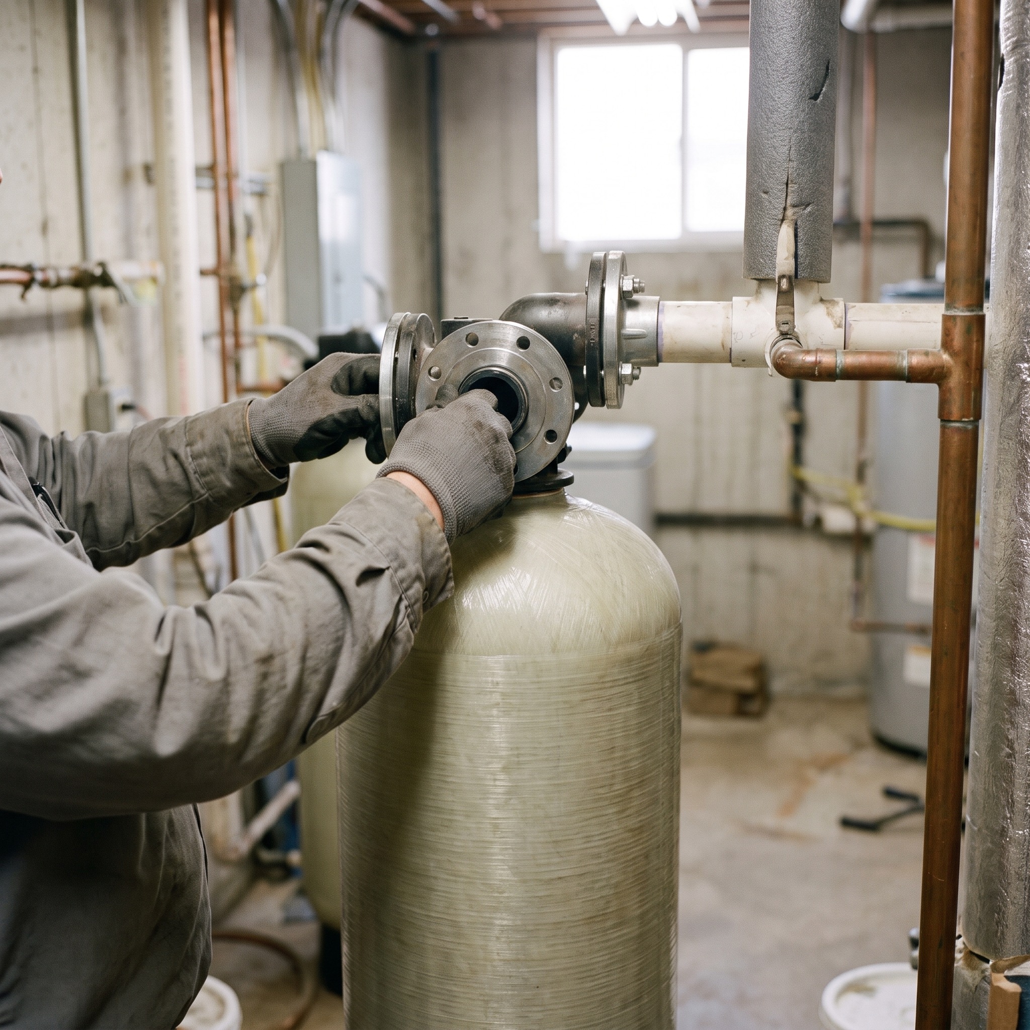 Commercial Water Softener Installation in Colorado Technician connecting commercial piping to a water softener tank in a Colorado mechanical room