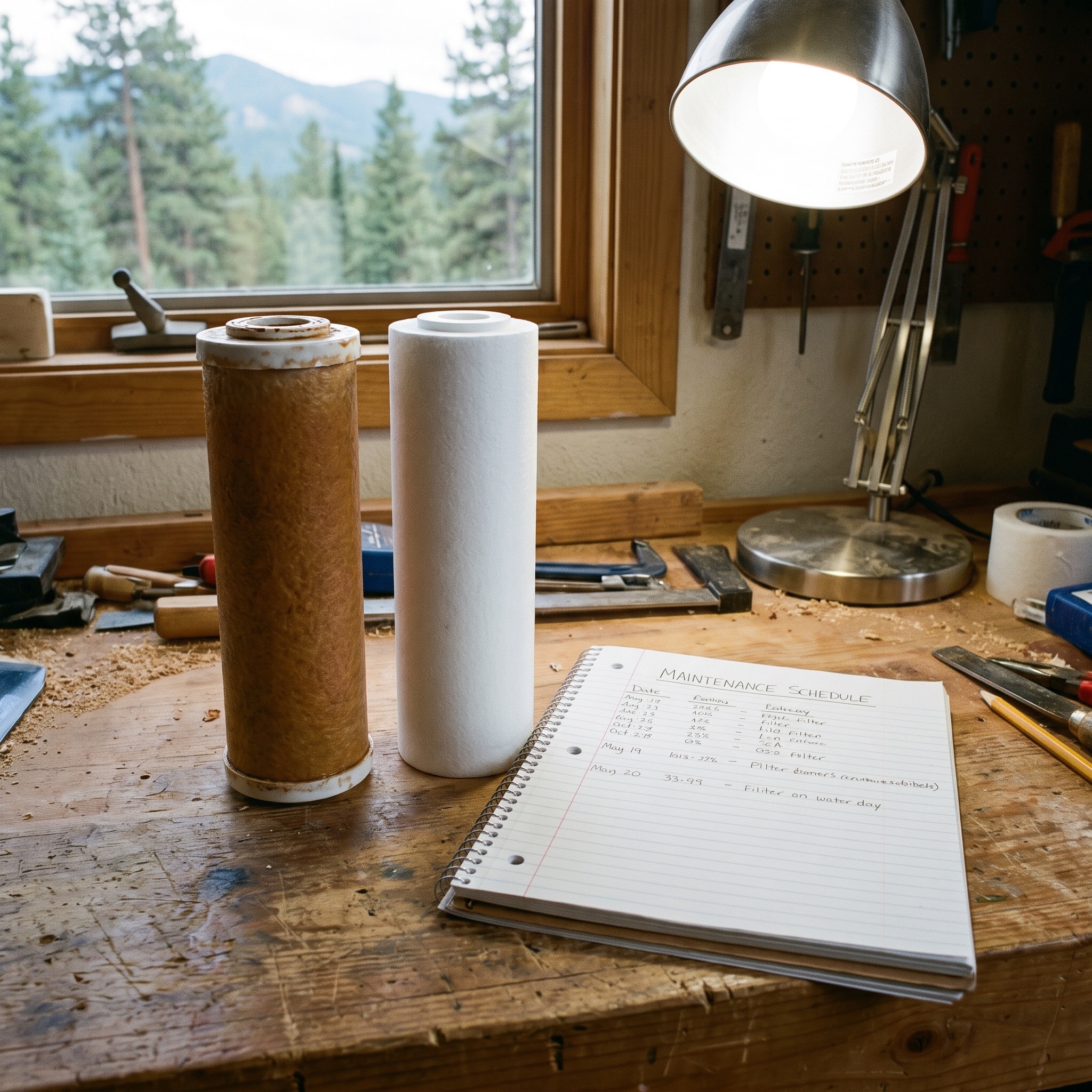 Water Filter Replacement Schedule in Colorado Old and new water filter cartridges side by side on a workbench showing replacement schedule