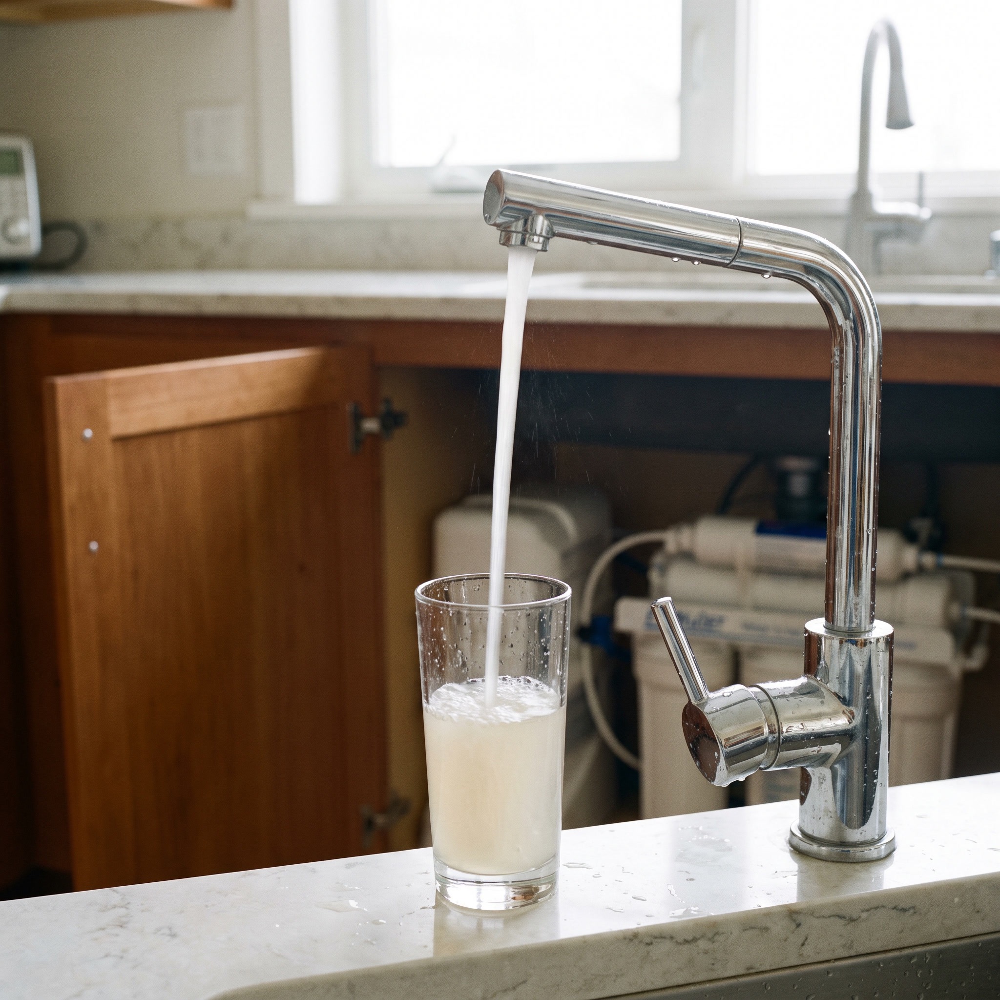 Water Filtration Warning Signs in Colorado Kitchen faucet running with slightly cloudy water suggesting a filter needs replacement
