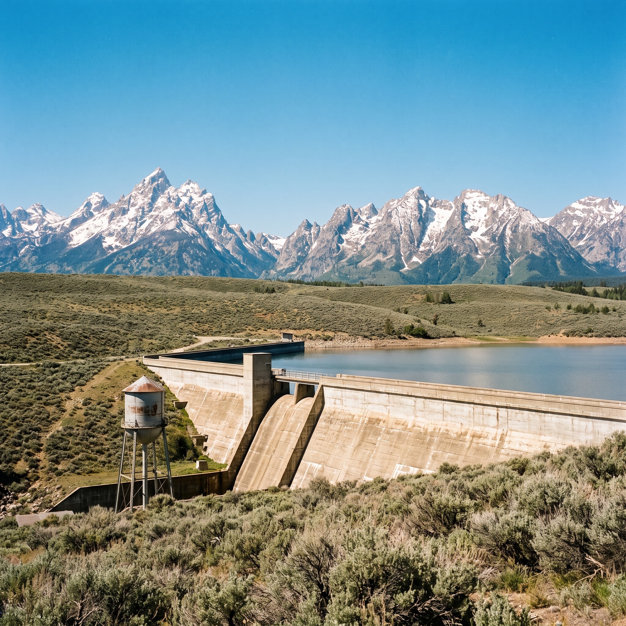 Colorado Municipal Water Systems Colorado water tower or reservoir with the Rocky Mountains behind it