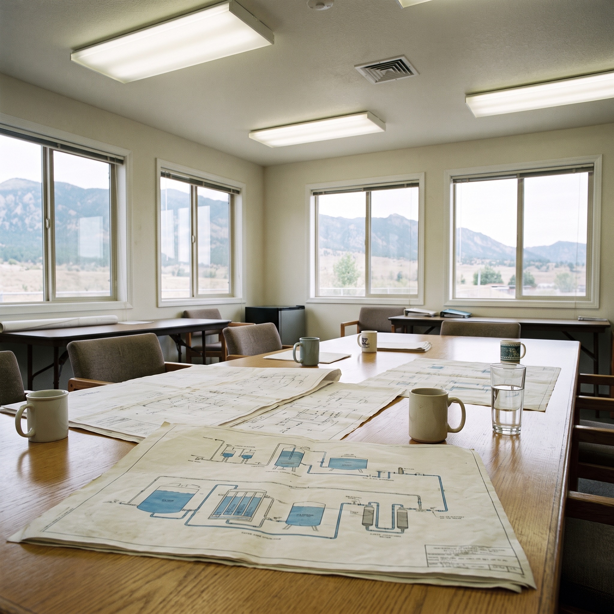 Colorado Public Water Systems We Serve Colorado water treatment facility meeting room with blueprints and water system maps