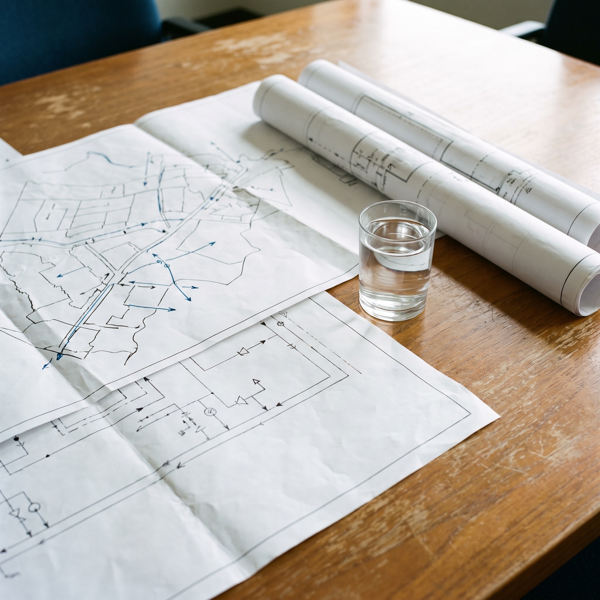 Water System Planning and Strategy in Colorado Colorado water system master plan with maps and blueprints spread on a conference table