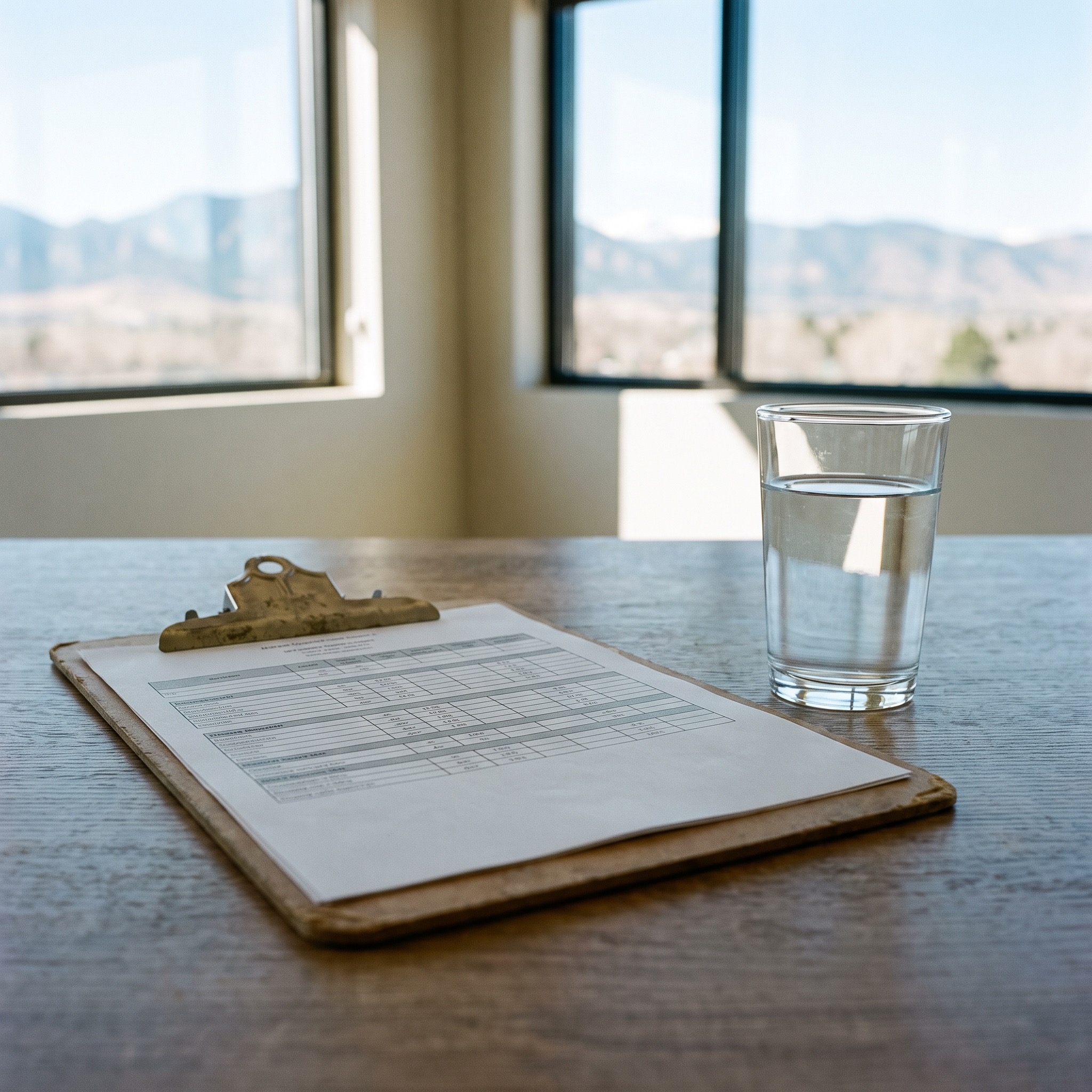 EPA PFAS Standards and Compliance Water quality test report on a clipboard next to a glass of clear water representing PFAS compliance