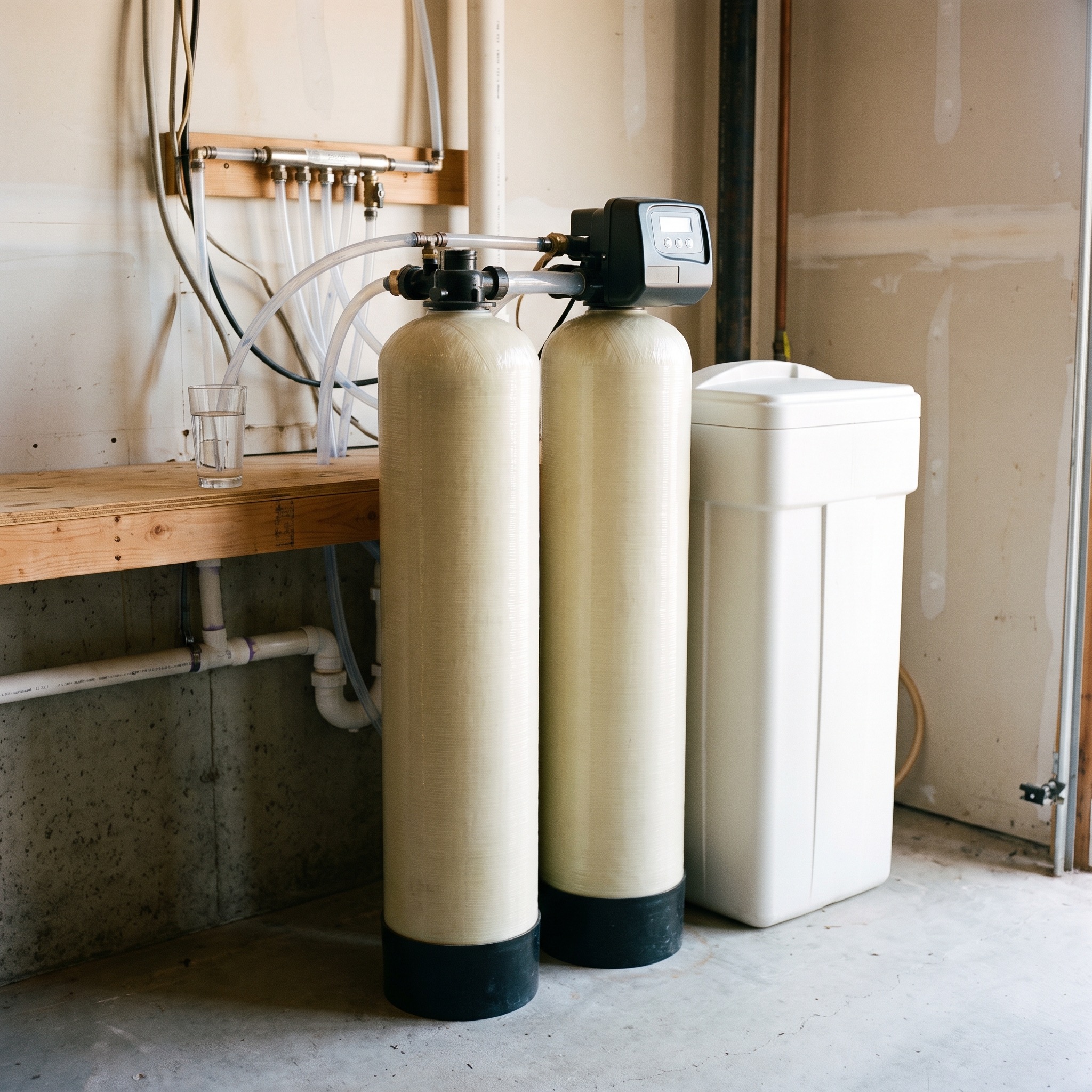 Dual-Tank Water Softener in Colorado Dual-tank residential water softener with two resin tanks sharing a brine tank in a Colorado home
