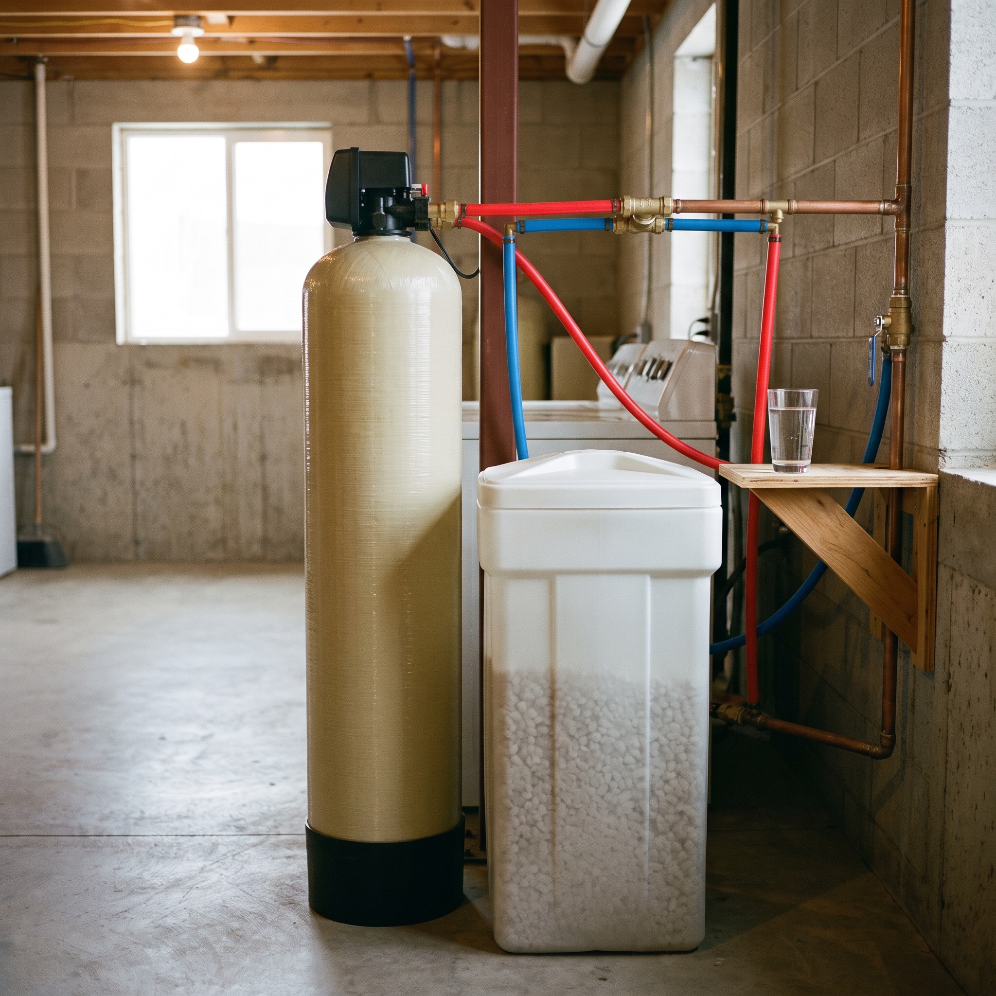 Salt-Based Water Softener in Colorado Residential salt-based water softener with resin tank and brine tank in a Colorado home basement