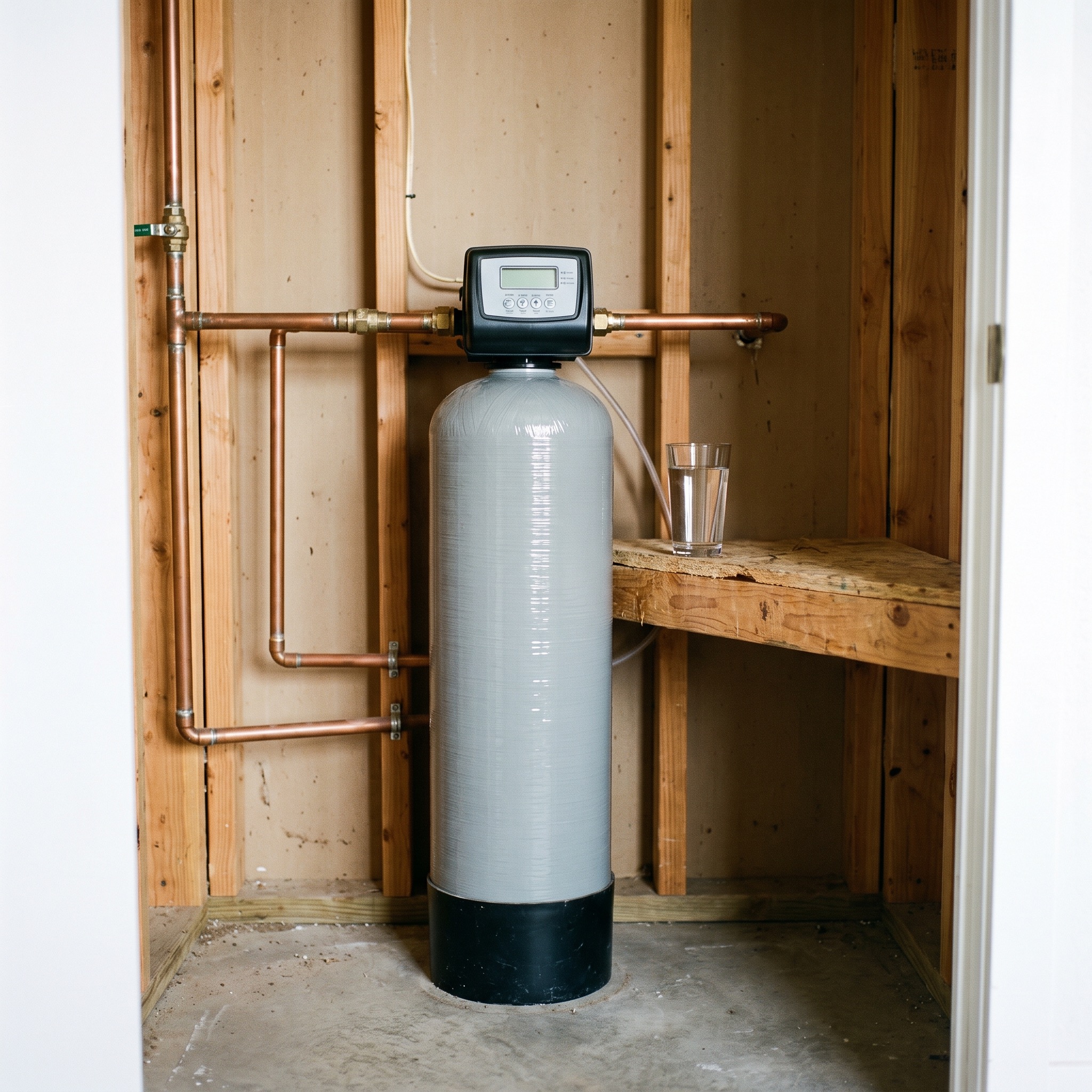 Salt-Free Water Conditioner in Colorado Salt-free water conditioner system installed on the main water line in a Colorado home utility closet