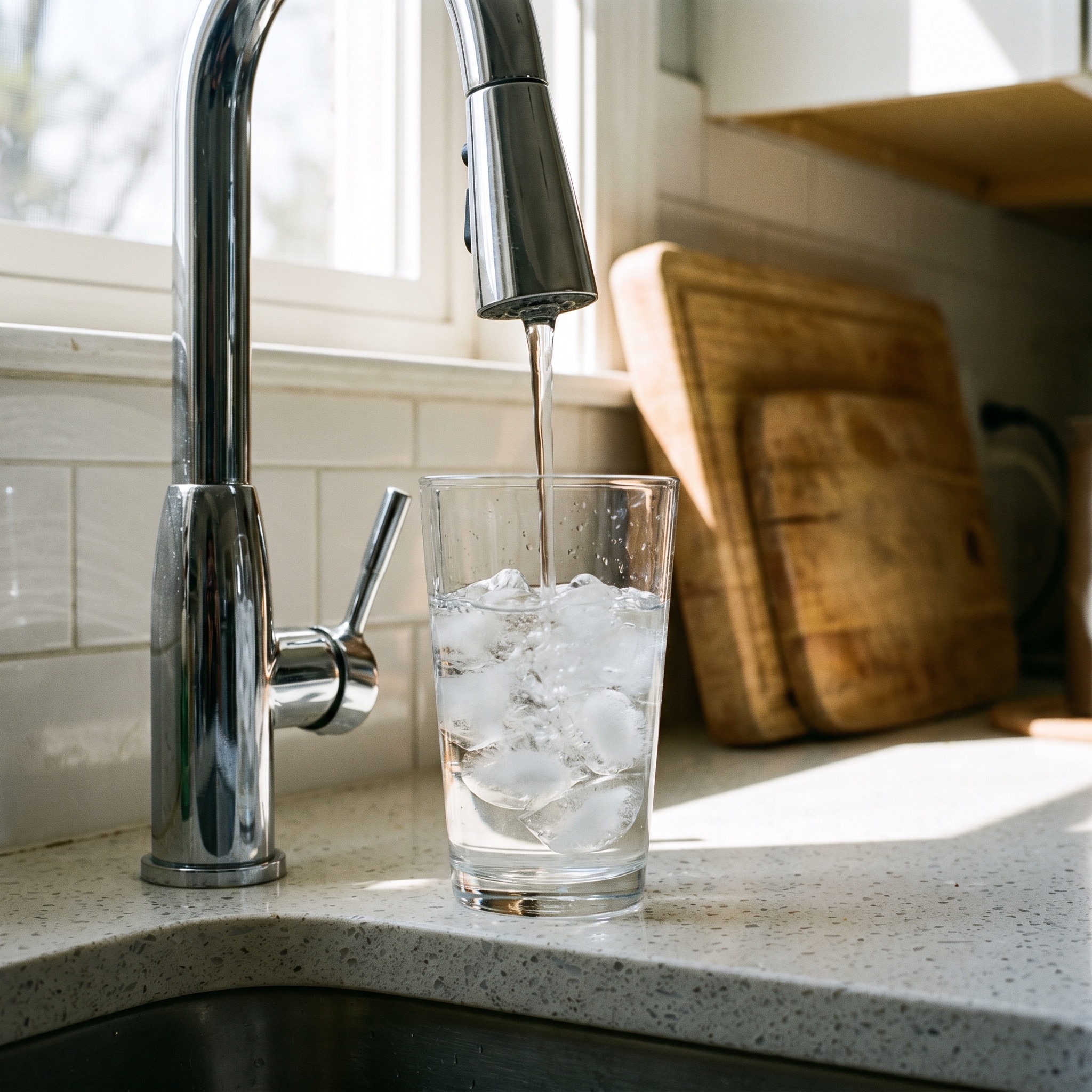 Residential Water Purification in Colorado Water purification system filling a glass with clear water at a Colorado kitchen tap