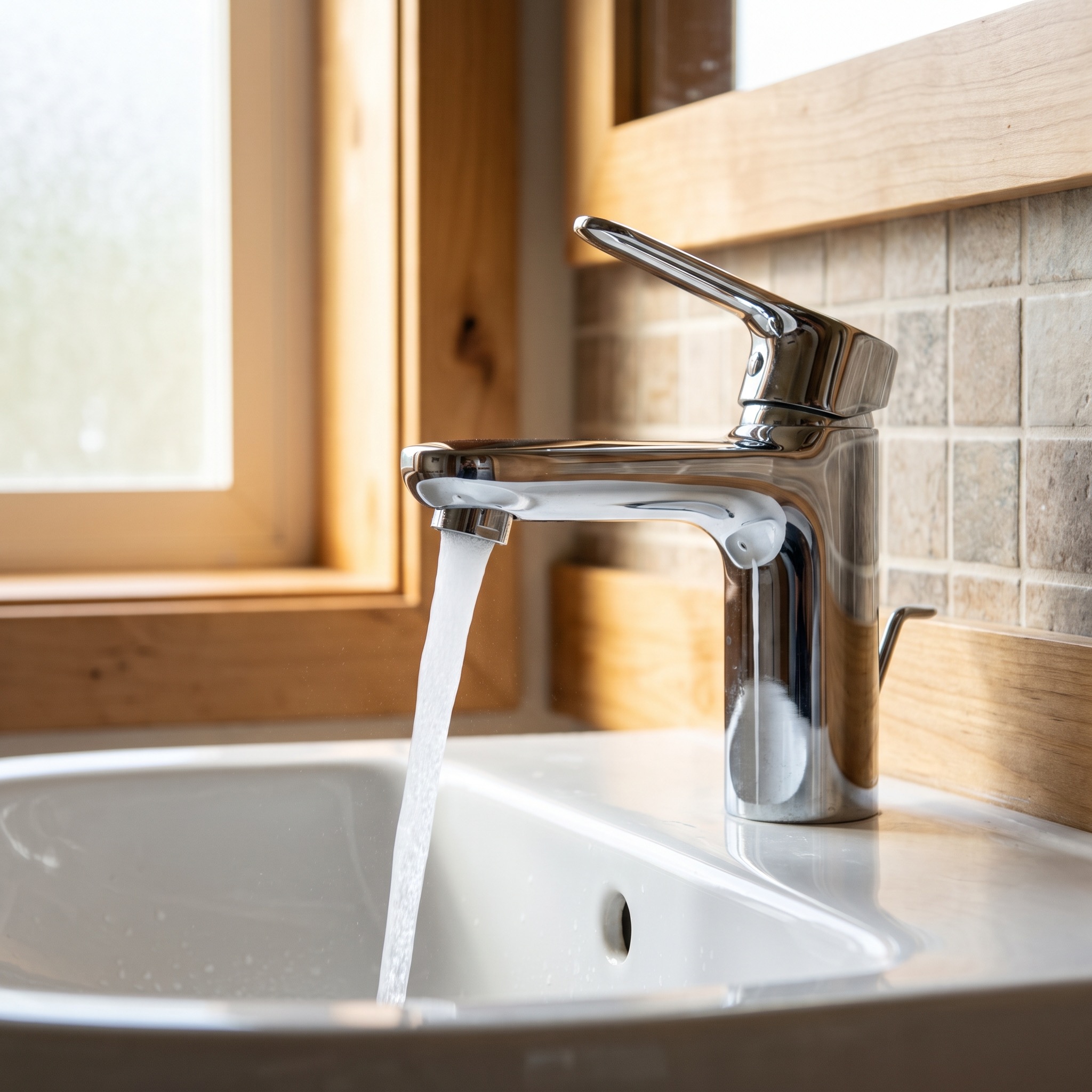 Salt-Free Conditioner Benefits in Colorado Clean chrome bathroom faucet with no scale or white crust buildup, clear water running