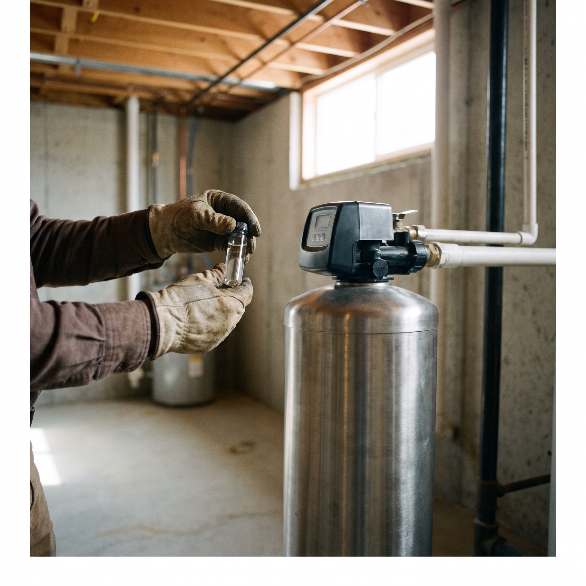 Salt-Free Conditioner Maintenance in Colorado Water treatment technician checking a salt-free water conditioner system in a Colorado home basement