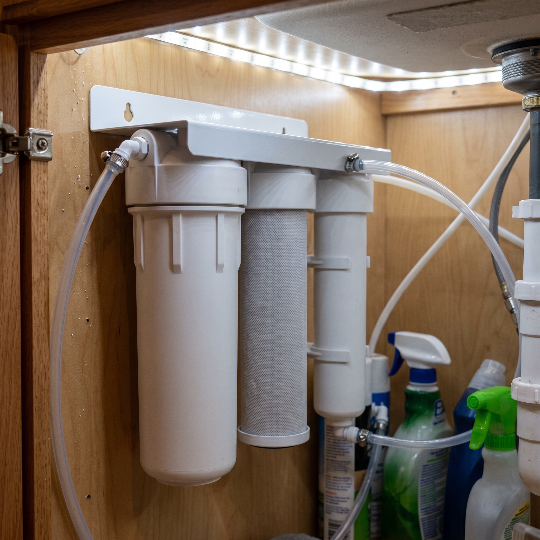 Under-Sink Carbon Filtration in Colorado Under-sink water filter cartridges showing multiple stages in a Colorado kitchen cabinet