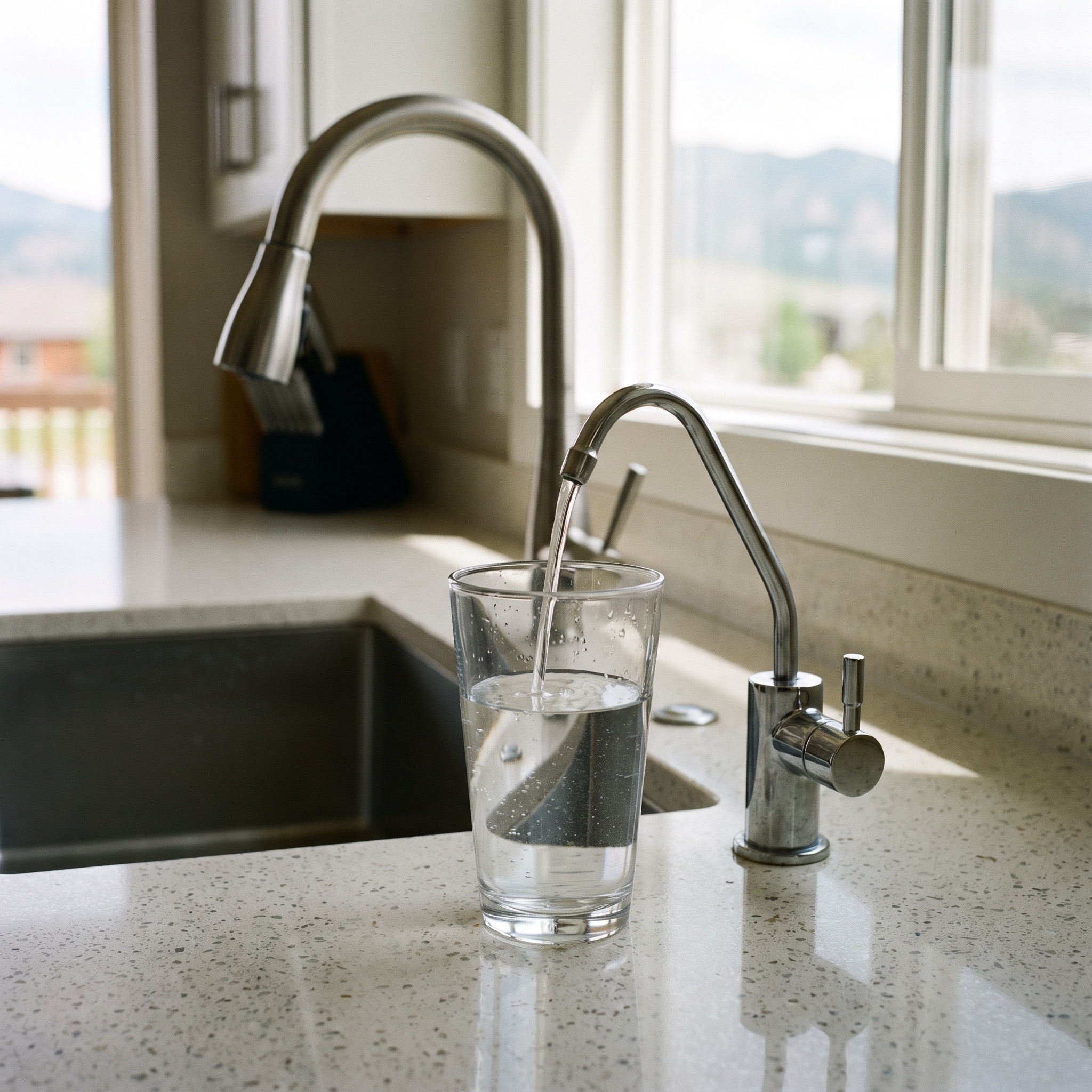 Certified Under-Sink Filtration in Colorado Crystal clear water pouring from a dedicated under-sink filter faucet into a glass in a Colorado kitchen