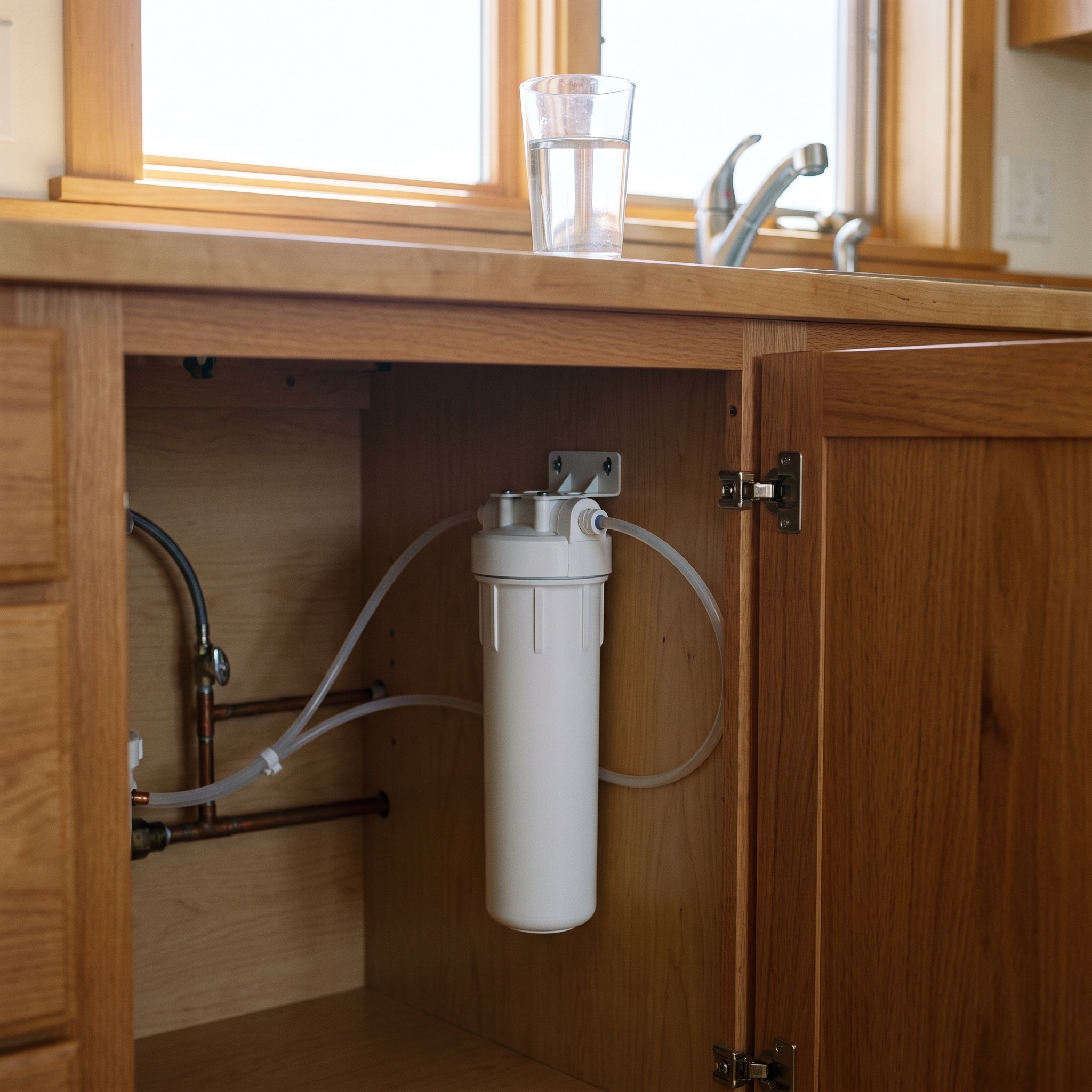 Under-Sink Filter Cost in Colorado Simple clean under-sink water filter installation in a Colorado kitchen cabinet conveying affordability