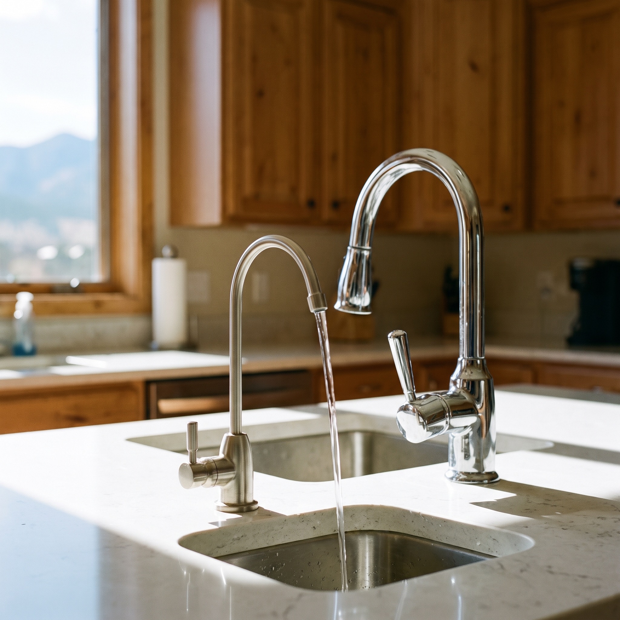 Under-Sink Filter Benefits in Colorado Clear water pouring from a dedicated filtered water faucet next to a main kitchen faucet
