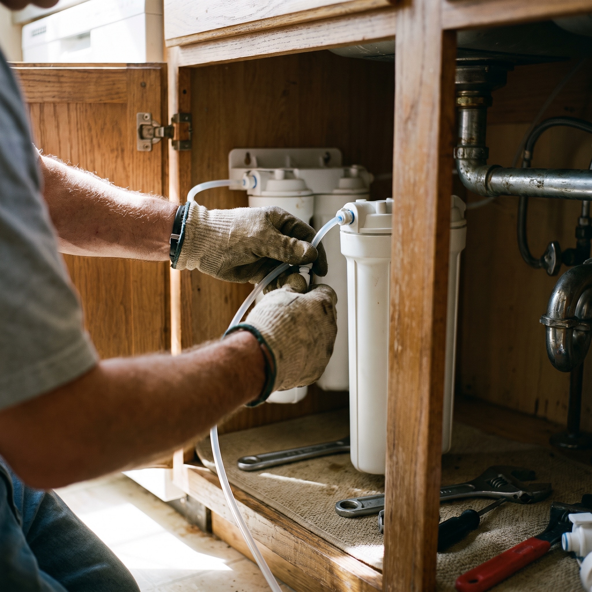 Under-Sink Filter Installation in Colorado Technician installing an under-sink water filter system in a Colorado kitchen cabinet