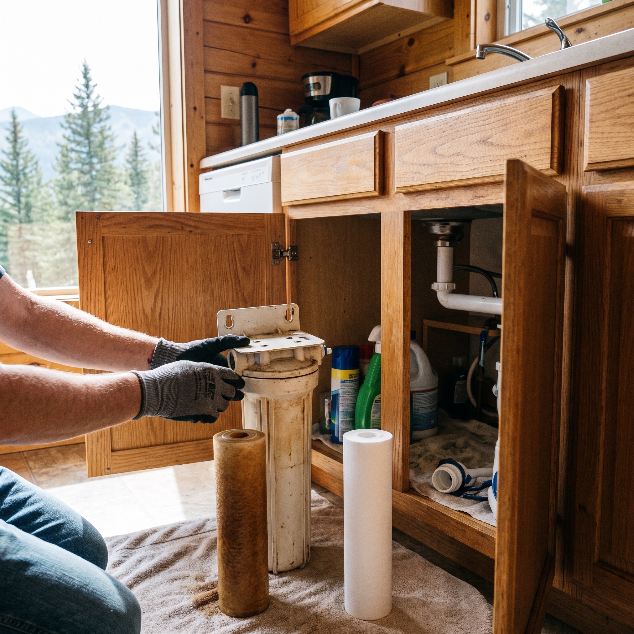 Under-Sink Filter Maintenance in Colorado Water treatment technician swapping an under-sink filter cartridge in a Colorado kitchen cabinet