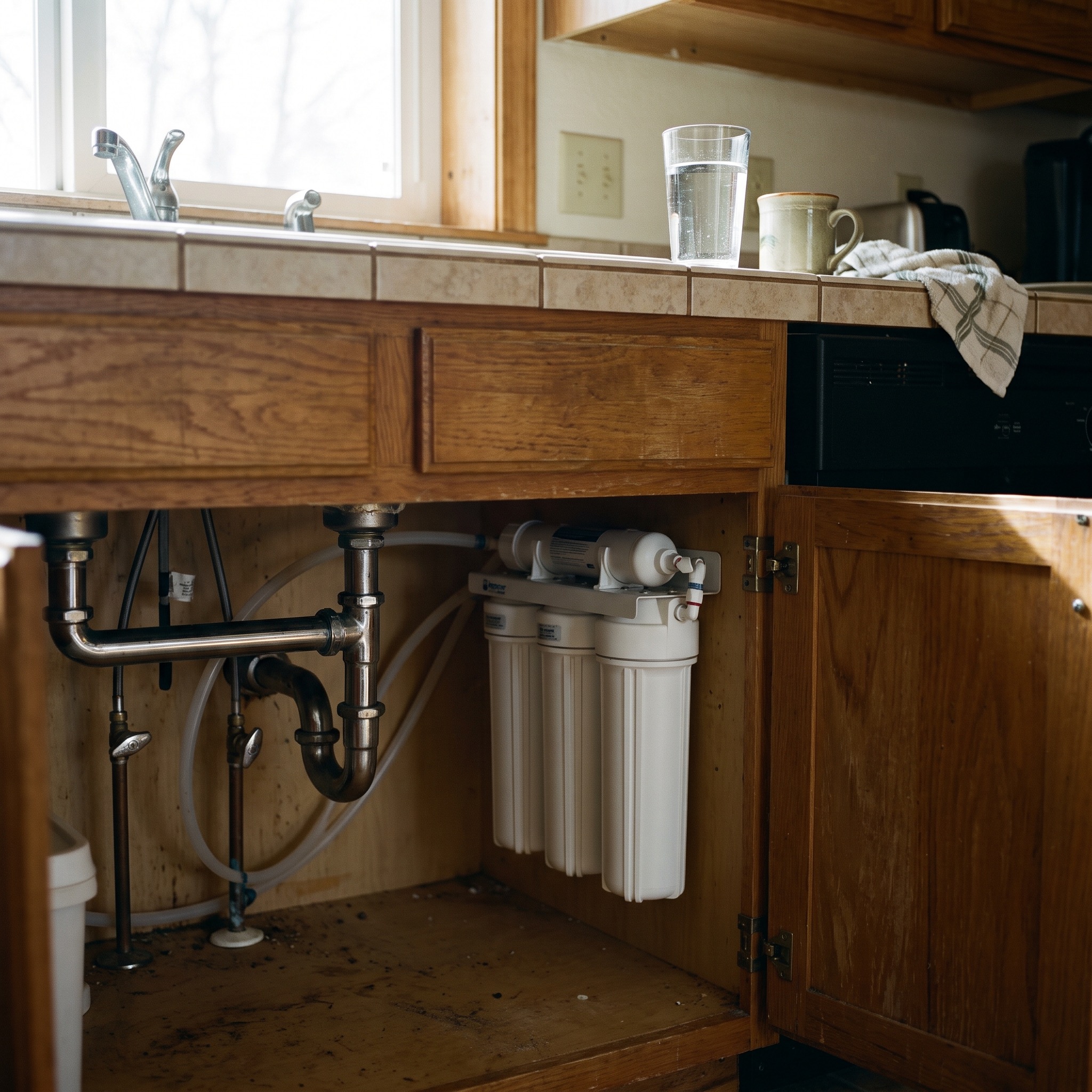 Under Sink Water Filters in Colorado Under-sink water filter system installed in a Colorado kitchen cabinet