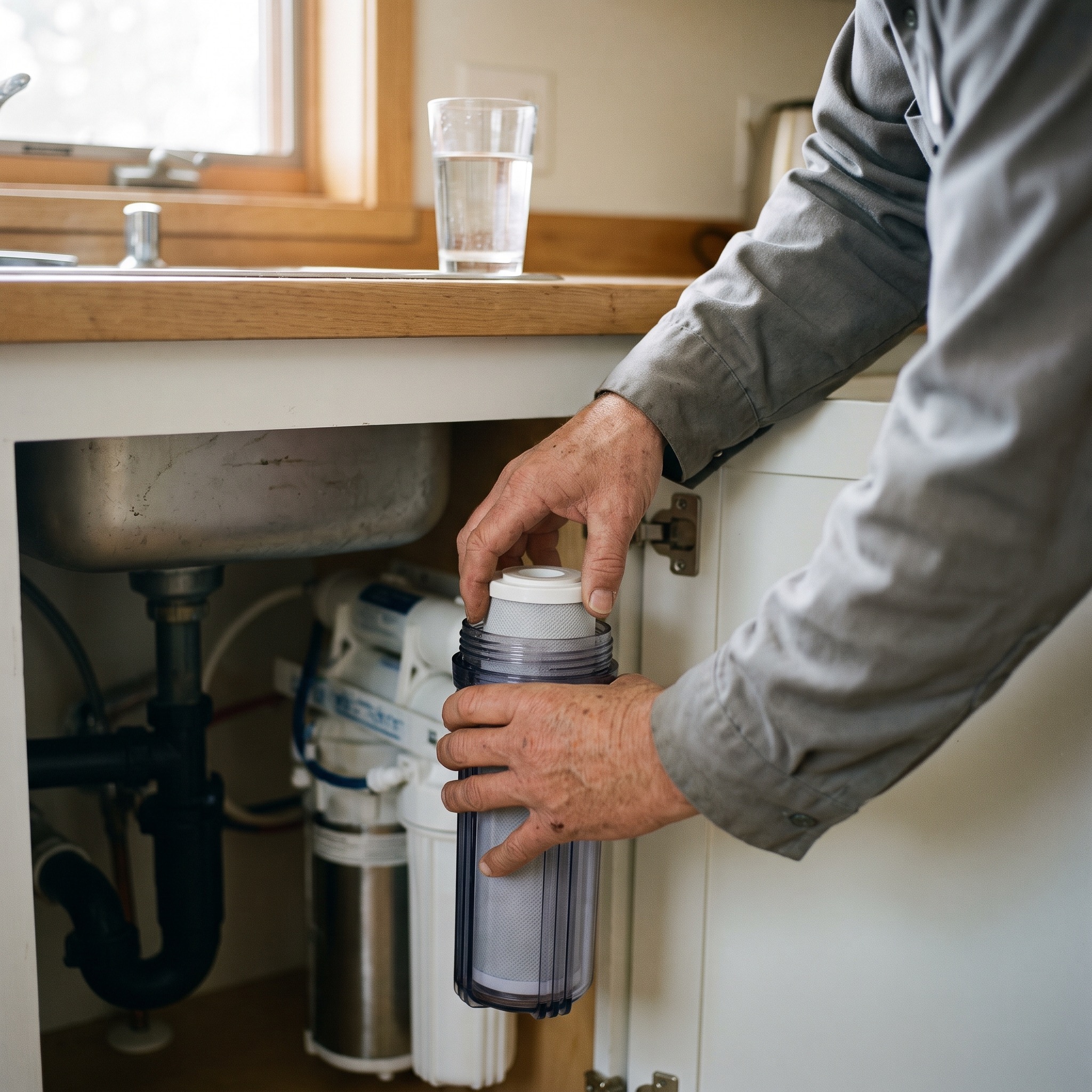 Water Filtration Maintenance & Repair in Colorado Water filtration maintenance technician replacing a filter cartridge in a Colorado home
