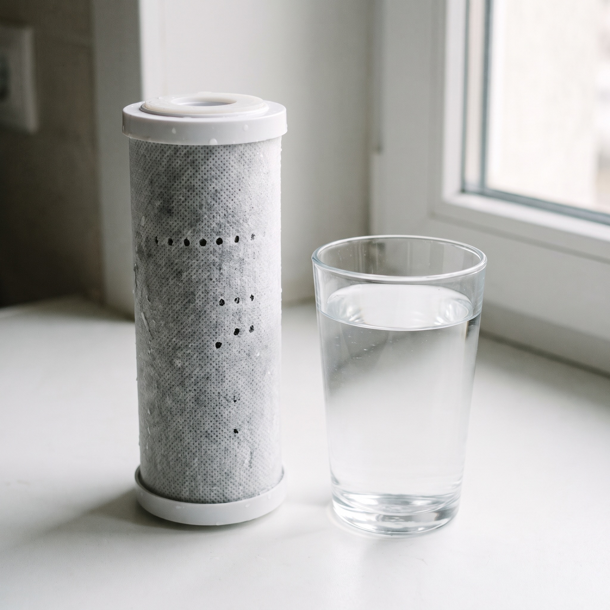 Water Purification Filtration in Colorado Activated carbon water filter cartridge next to a glass of crystal clear water