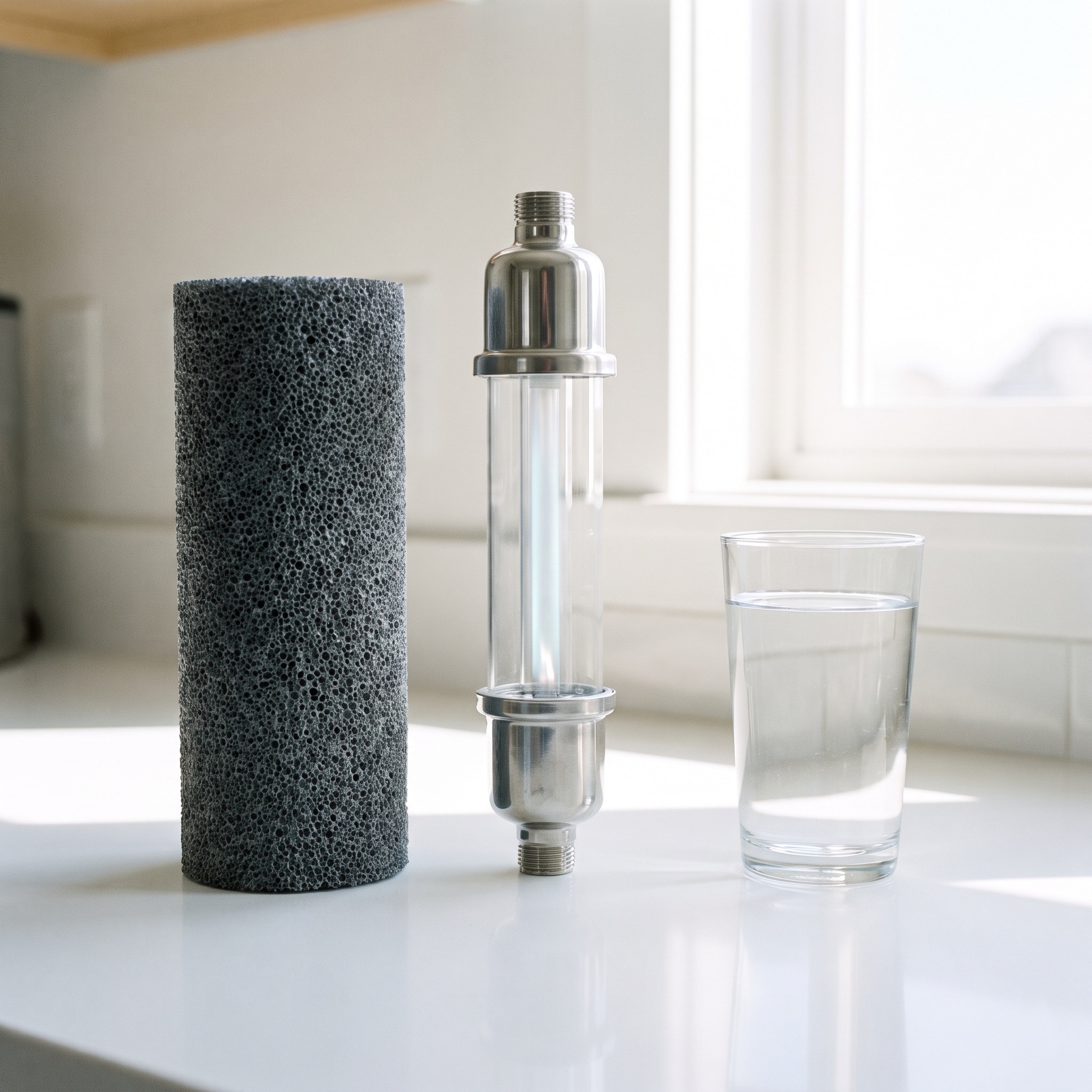 Water Purification Options in Colorado Water filtration components on a counter — carbon filter, UV unit, and a glass of clear water