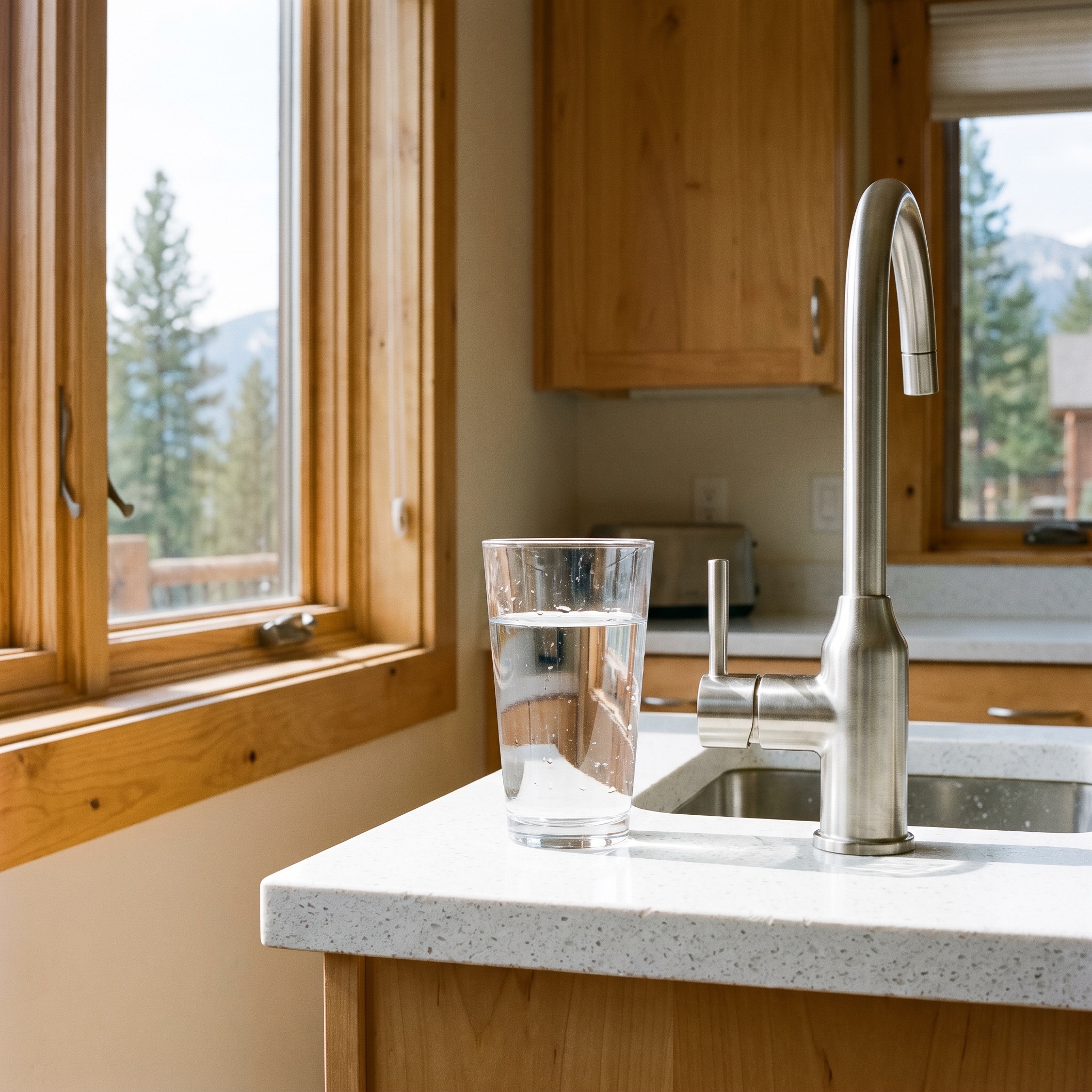 Water Purification Results in Colorado Glass of crystal clear water on a kitchen counter next to a water filtration faucet