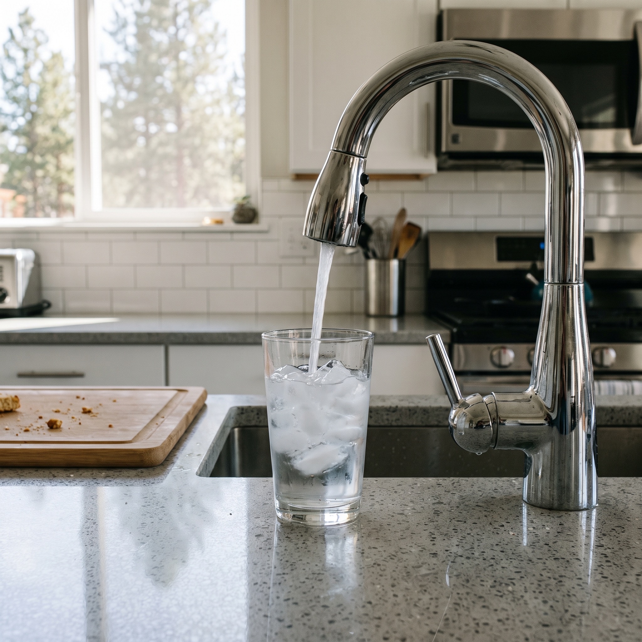 Residential Water Purification in Colorado Water purification system filling a glass with crystal clear water at a Colorado kitchen tap