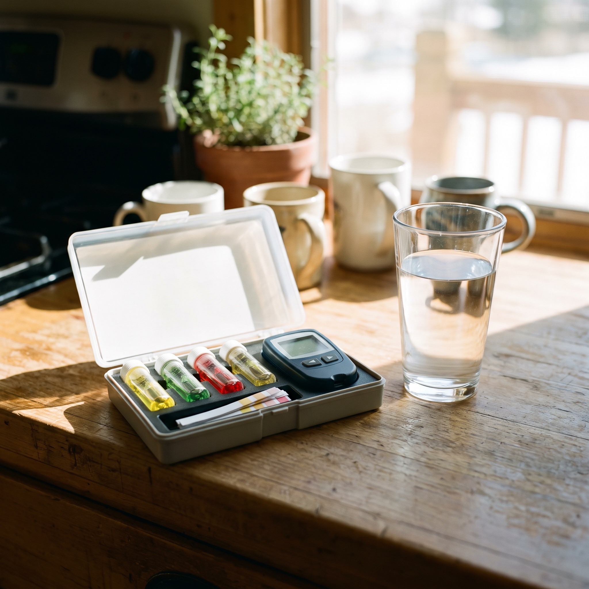 Water Purification Testing in Colorado Water quality test kit with vials and a glass of clear water on a Colorado kitchen counter