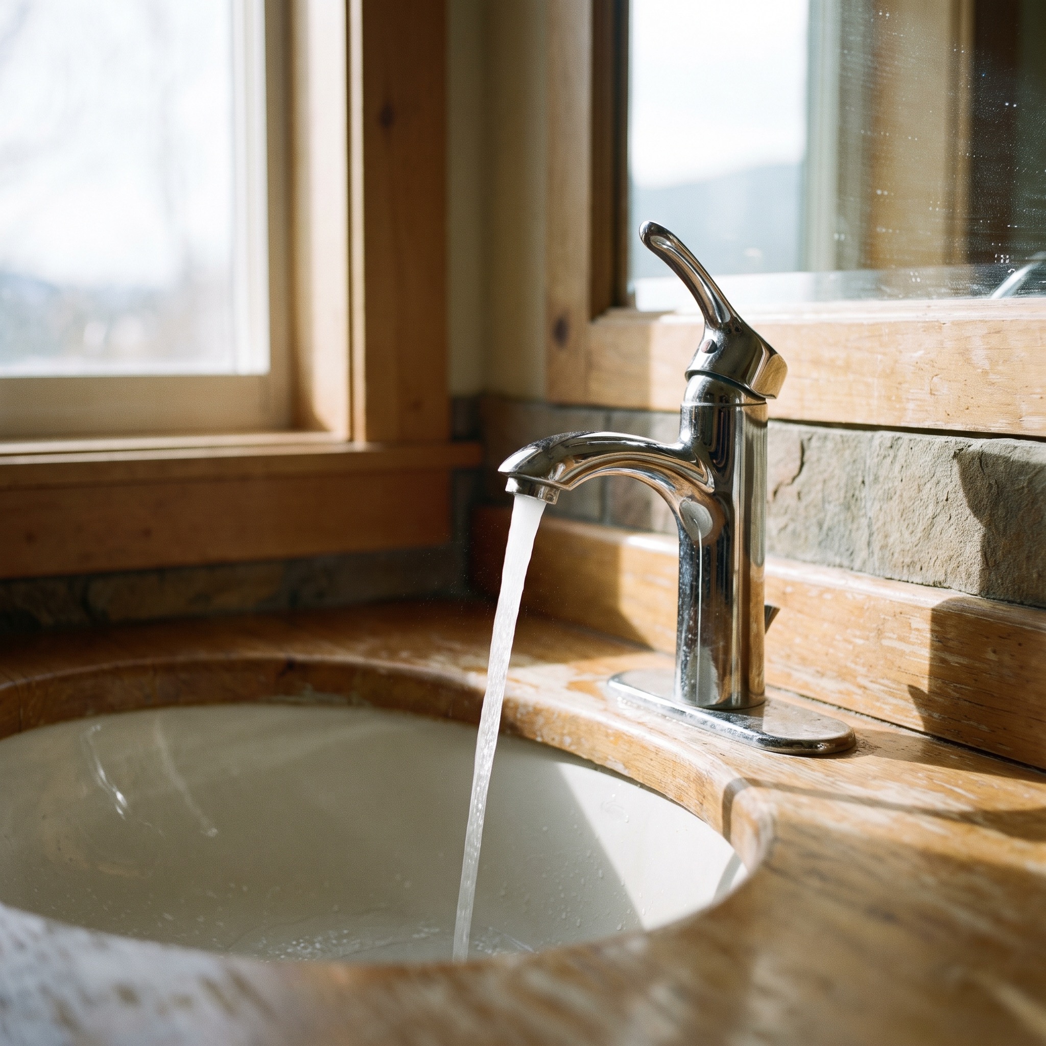 Water Softener Benefits in Colorado Clear water running from a chrome bathroom faucet in a Colorado home with no scale buildup