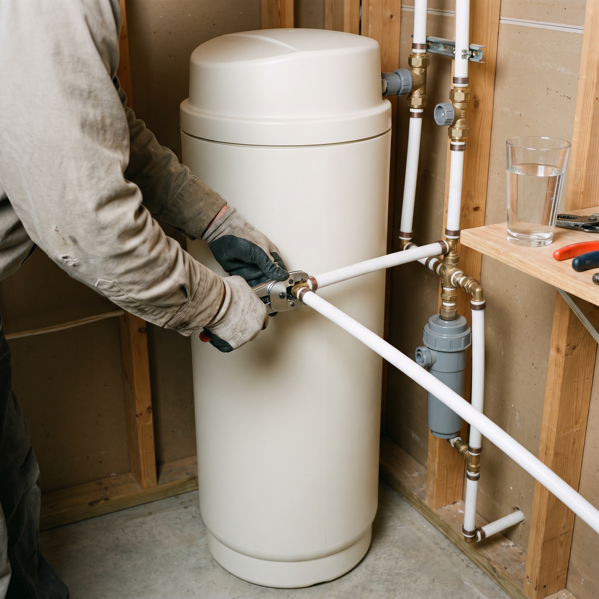 Water Softener Installation in Colorado Water treatment technician installing a water softener system in a Colorado home