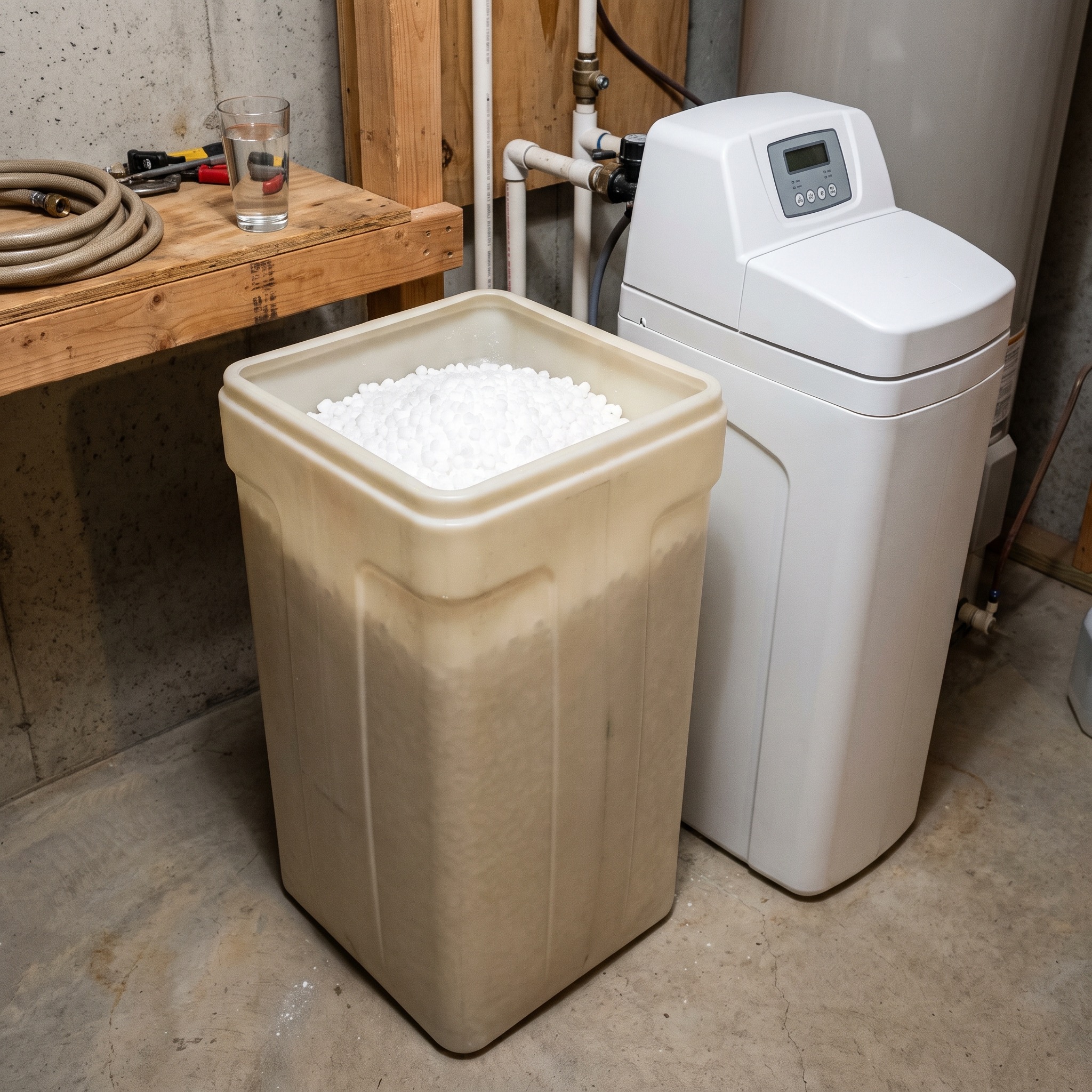 Water Softener Maintenance in Colorado Water softener brine tank with salt pellets visible in a Colorado home basement