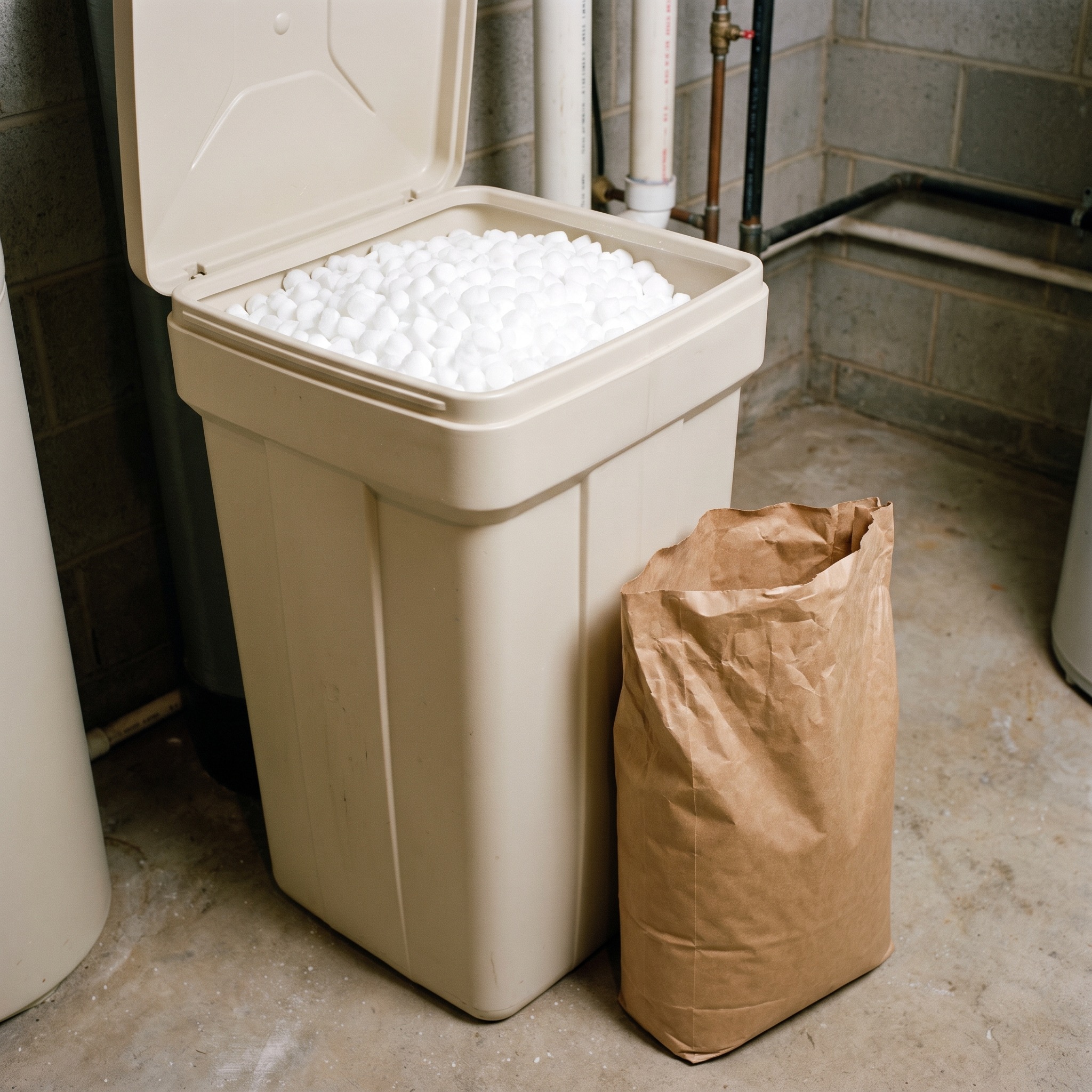 Water Softener Salt Types in Colorado Water softener brine tank with salt pellets visible and a bag of salt beside it in a Colorado home basement