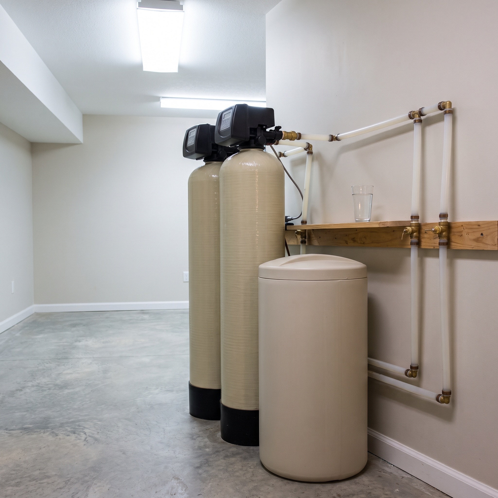 Water Softeners in Colorado Water softener system installed in a Colorado home basement with a glass of clear water