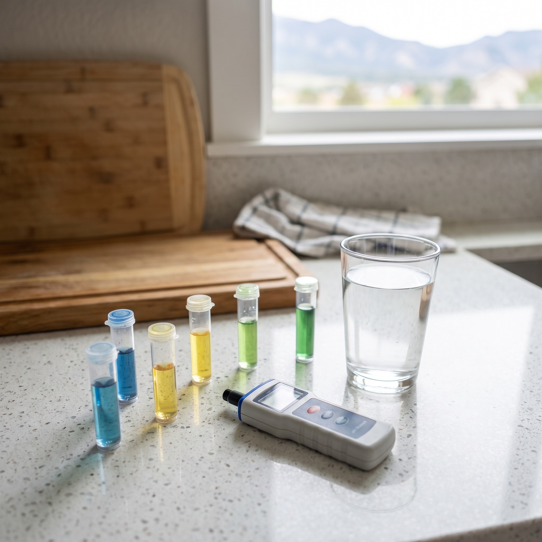 Water Testing Services in Colorado Water testing kit with vials and a glass of clear water on a Colorado kitchen counter